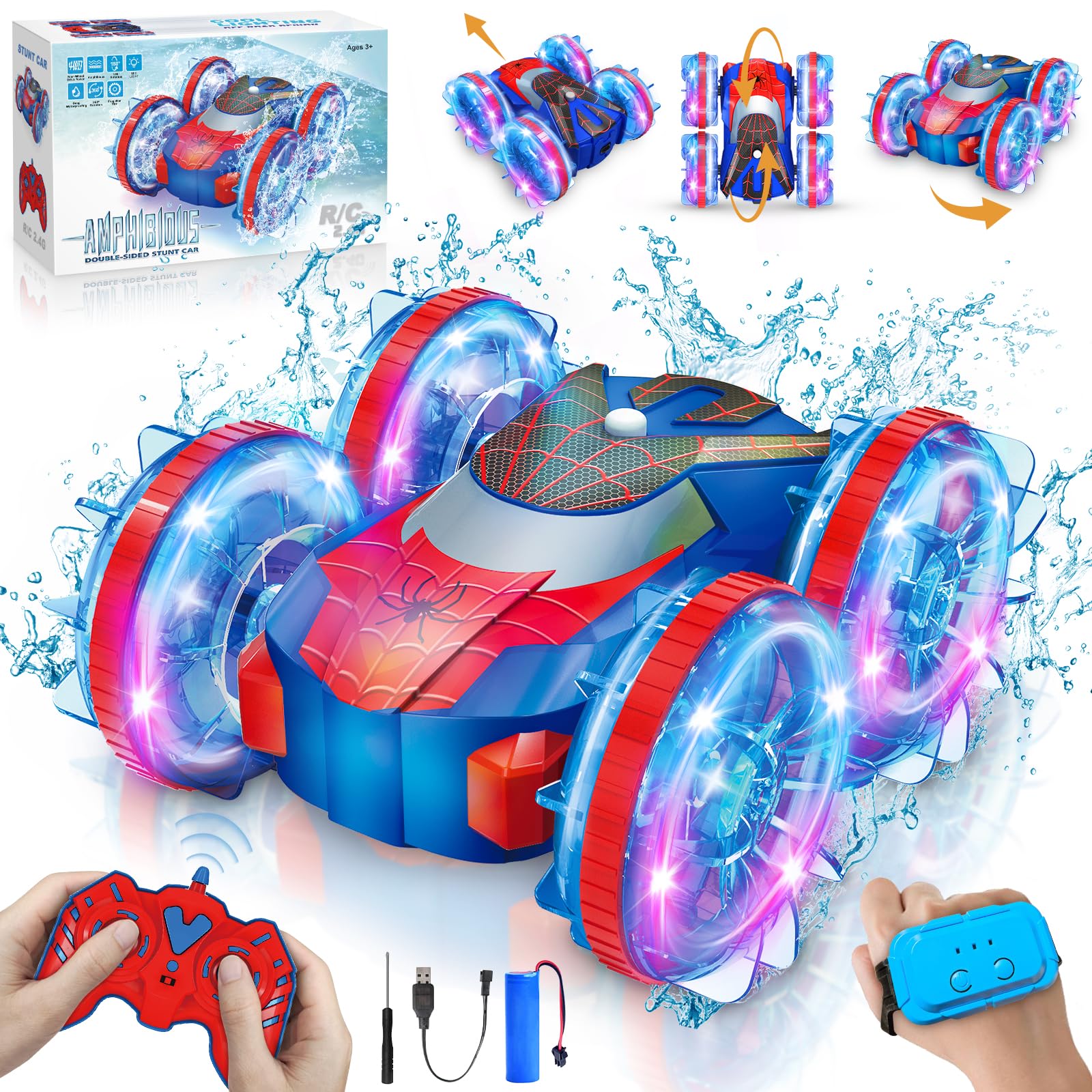 Remote Control Amphibious Car With Led Lights, 360 Rotation 4Wd Waterproof, Gesture And Handle Remote, 1200Mah Battery, Ages 4-1