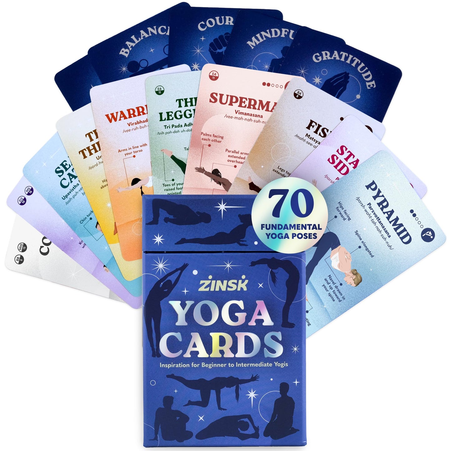 Zinsk enhanced Yoga Deck - 70 Beautifully Illustrated 3x5  Yoga Cards with Instructions  Alignment Cues  & Modifications - Flash Cards for Learning Beginner & Intermediate Yoga Poses & Yoga Sequencing