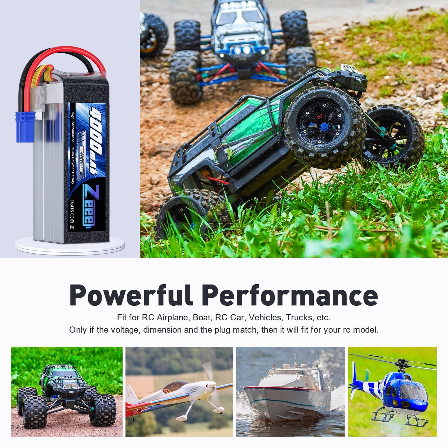 Zeee 6S Lipo Battery 4000mAh 22.2V 100C with EC5 Connector Soft Pack Battery for RC Airplane Helicopter RC Car Truck Tank Drone