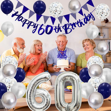 60Th Birthday Decorations For Men, Navy Blue Silver 60Th Birthday Balloons With Blue Happy 60Th Birthday Banner 70 Birthday Cake