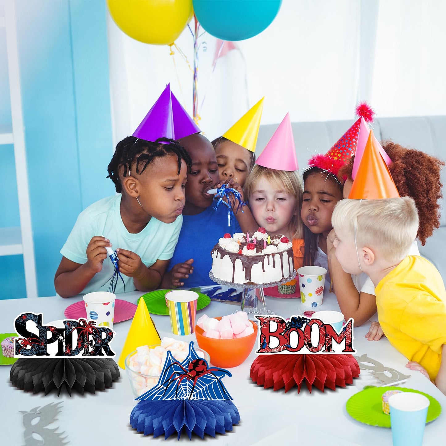 Outus 9 Pcs Spider Birthday Party Decorations Spider Honeycomb Centerpiece 3D Table Topper Standing Decorations Hero Web Theme P
