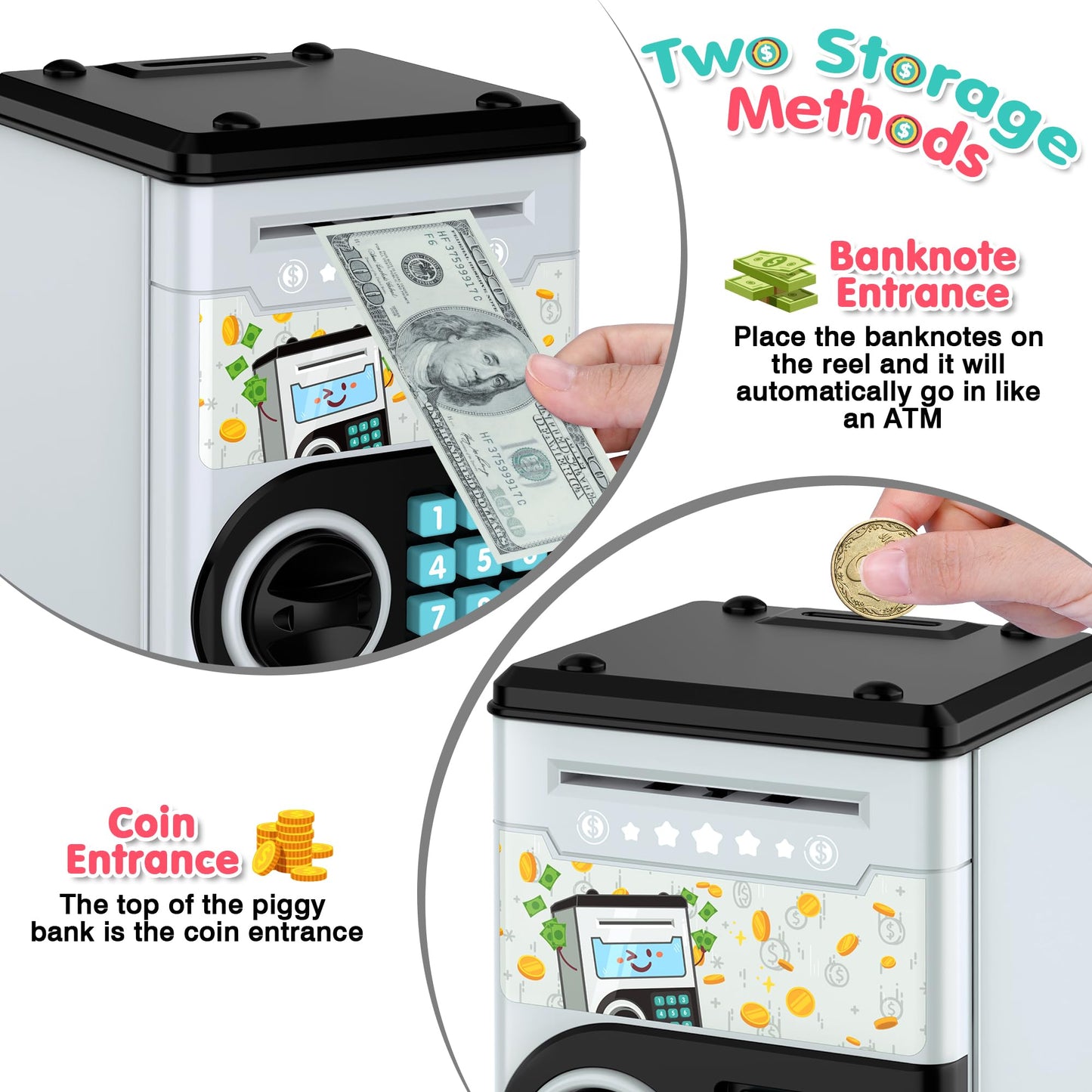Gray Piggy Bank For Kids With Password Code Lock And Auto Grab Bill Slot, Philaeec Real Money Cash Coin Can Saving Box Electroni