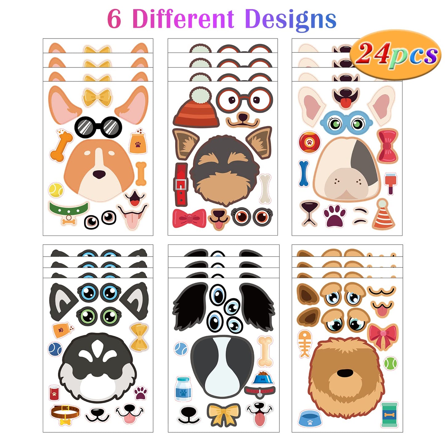24 Sheets Dog Make A Face Sticker Sheets For Kids Todders Activities, Make Your Own Stickers For Kids Birthday Party Favor Suppl