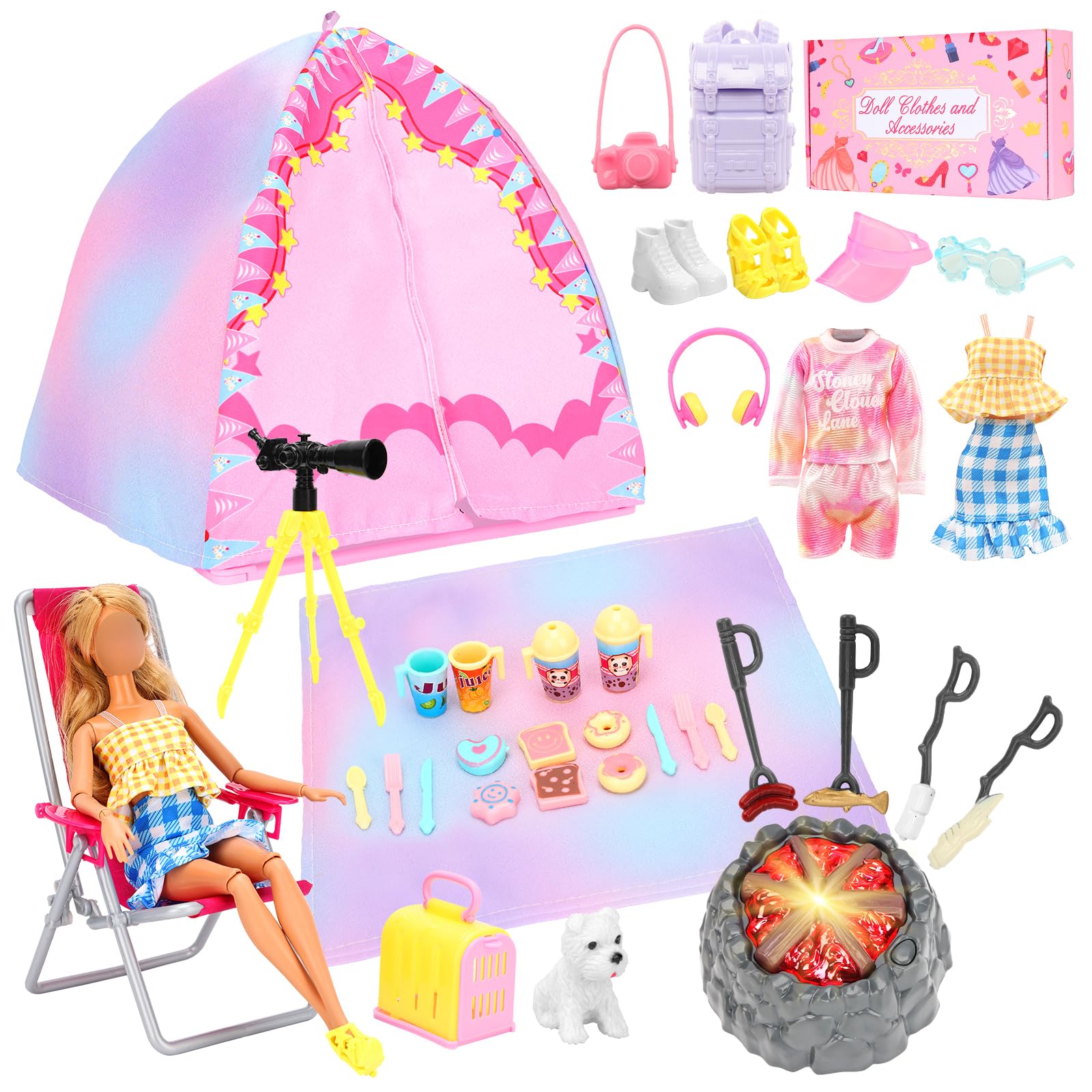 BARWA 35 Pcs Travel Camping Tent Set Include Doll Tent Casual Dress  Outfits  Campfire with Light  Telescope  Backpack  Placemat  Chair  Toy Dog Camping Playset for 11.5 Inch Girl Dolls for Kid