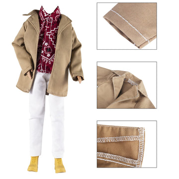 E-Ting 10-Item Trench Coat Pack = 5 Sets Fashion Casual Wear Clothes Outfit +5 Pairs Shoes For Boy Doll Random Style (Khaki Long Jacket Overcoat + Casual Wear Clothes +Swim Trunks)
