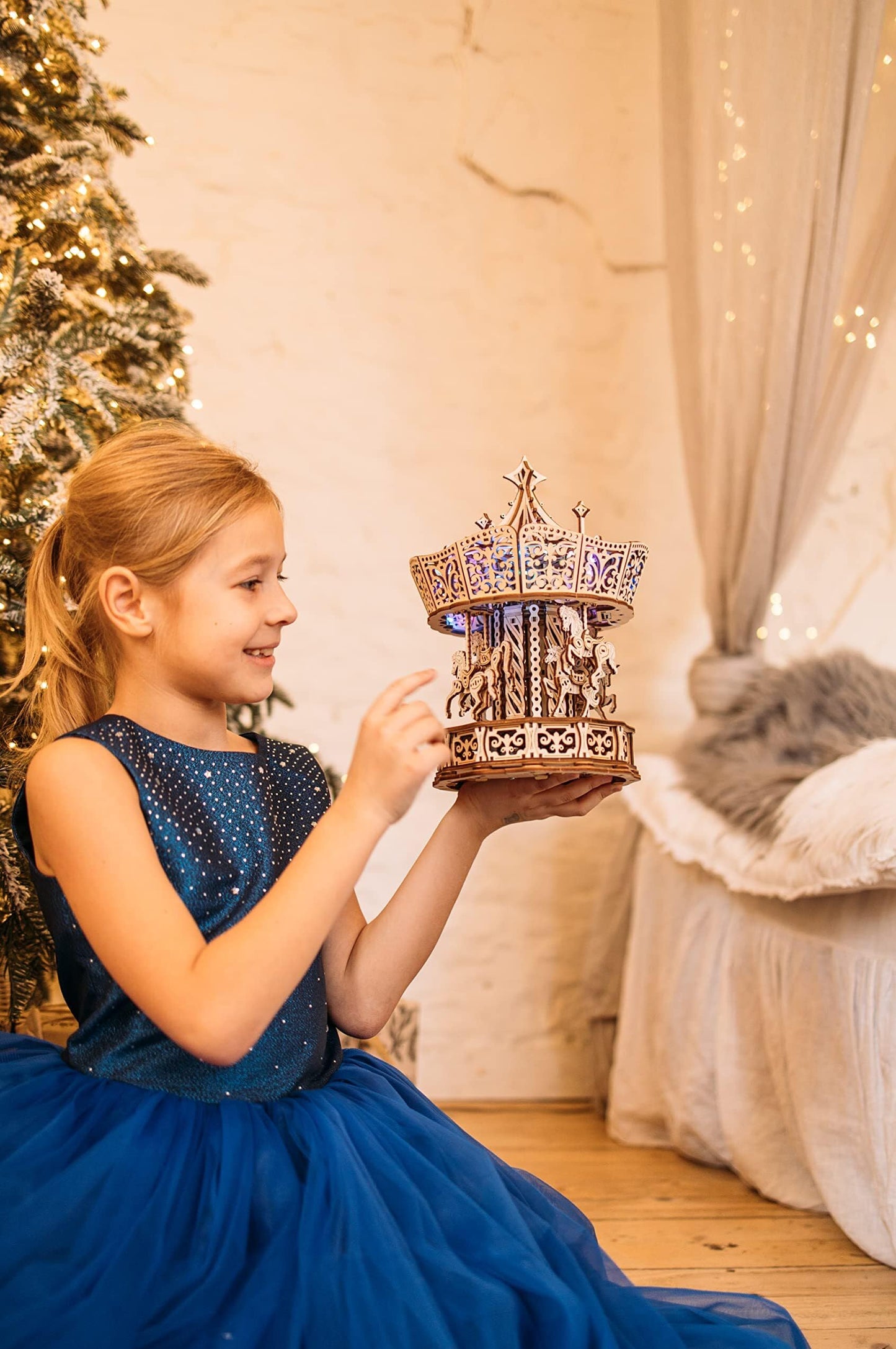 Wood Trick Parisian Carousel Music Box Rotating With Backlit - 3D Wooden Puzzles For Adults And Kids To Build Diy - Wooden Music Box Kit - La Vie En Rose Tune - Engineering Diy Wooden Model