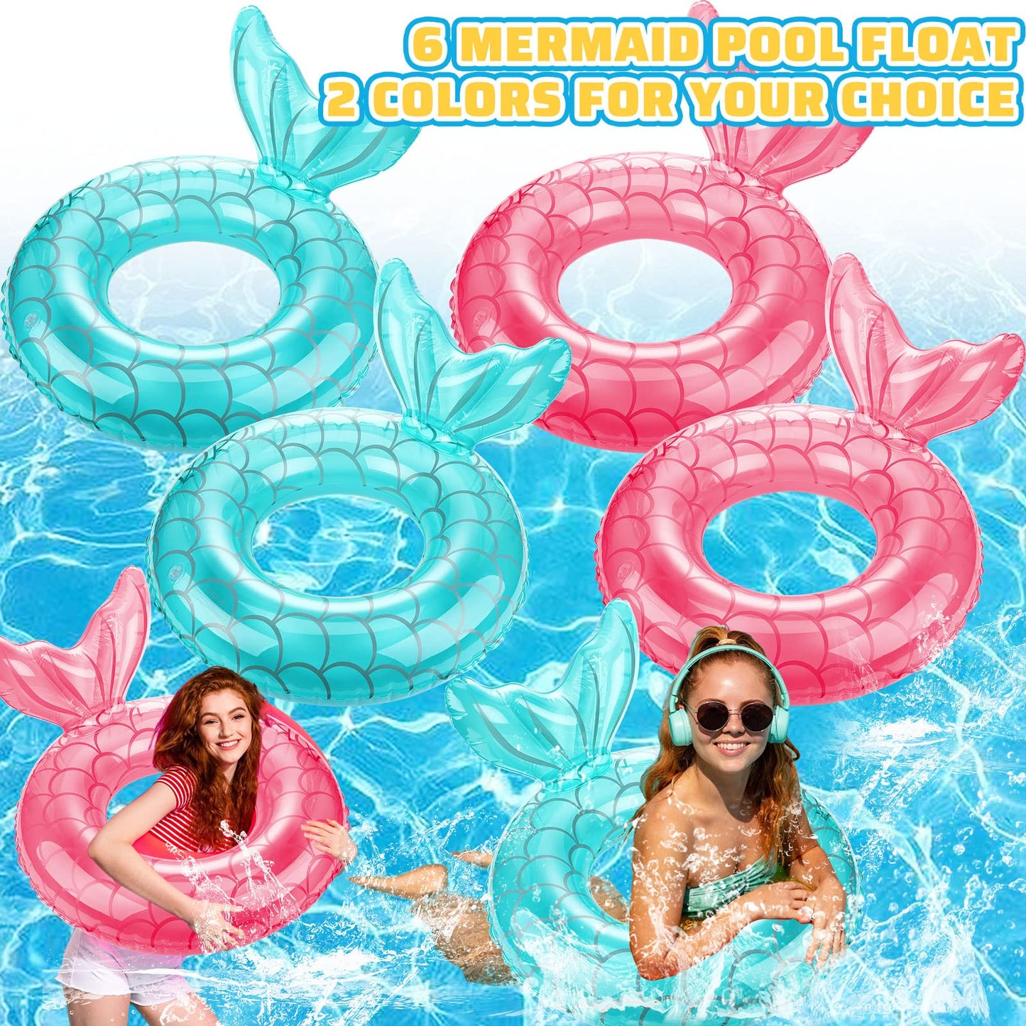 Junkin 6 Pcs Mermaid Tail Pool Floaties Inflatable Swim Float Mermaid Pool Ring 30 Inch Inflatable Ring Floatie Summer Beach Pool Float Tube for Kids mature-themed Outdoor Water Beach Pool Party Supplies