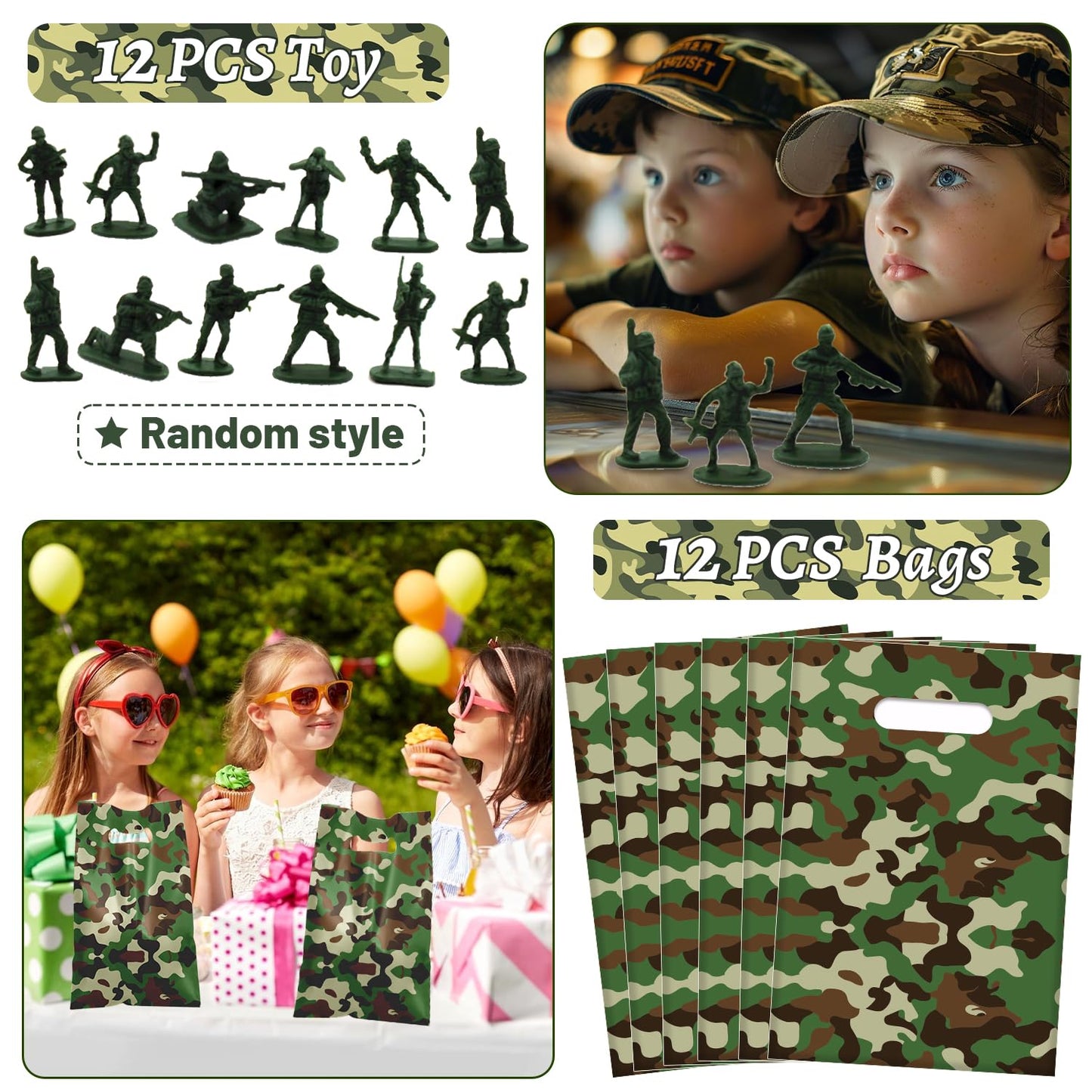 122 PCS Army Party Favors, Military Camo Temporary Tattoos Slap Bracelets Keychains Stickers Badges Goodie Bags Soldiers Figures