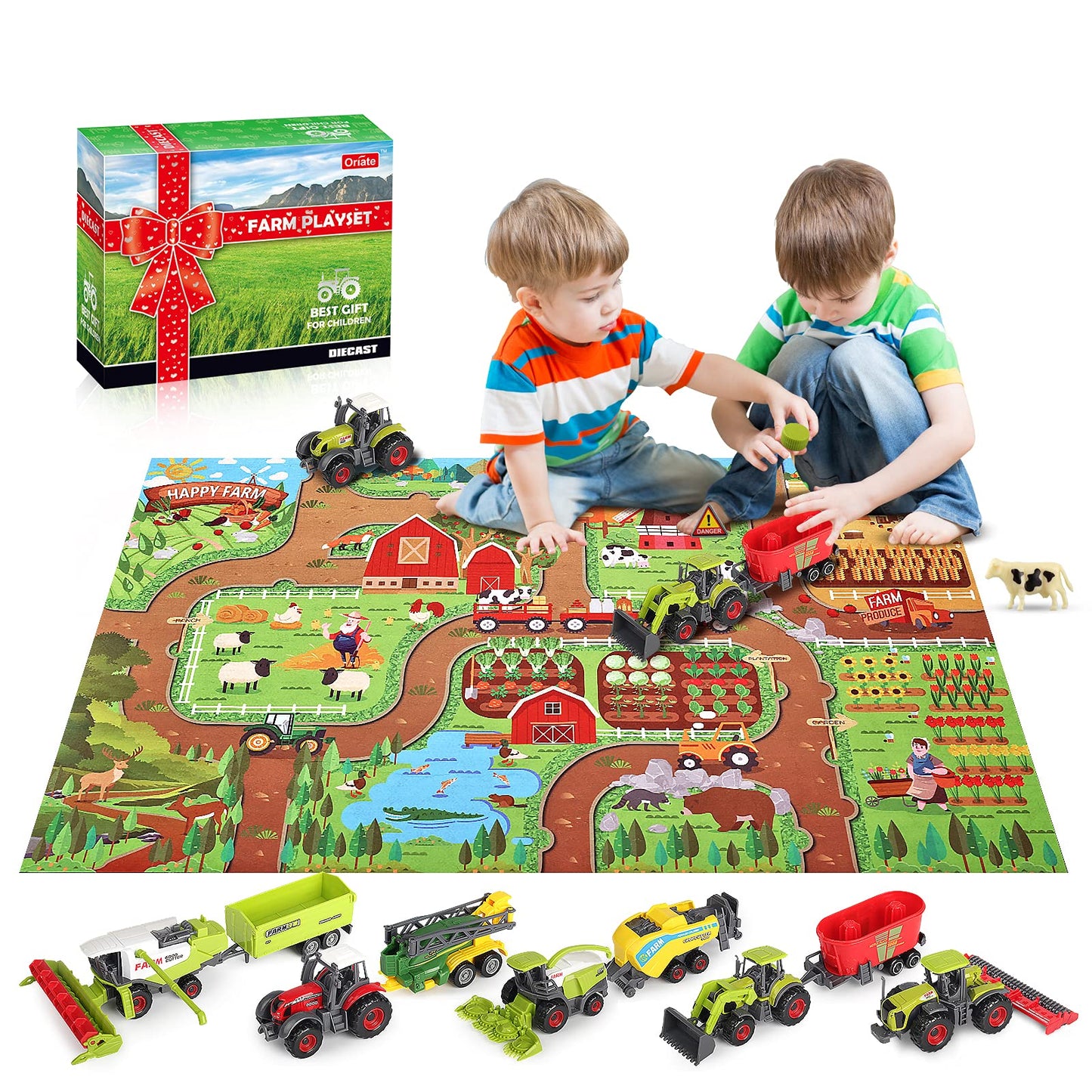 Oriate Farm Tractor Toys Vehicle With Farm Animals & Activity Play Mat, 38Pcs Educational Realistic Kid'S Diy Farm Diecast Set, Kids Tractors Trailer Sprayer Cow Animal Toy Birthday Gift