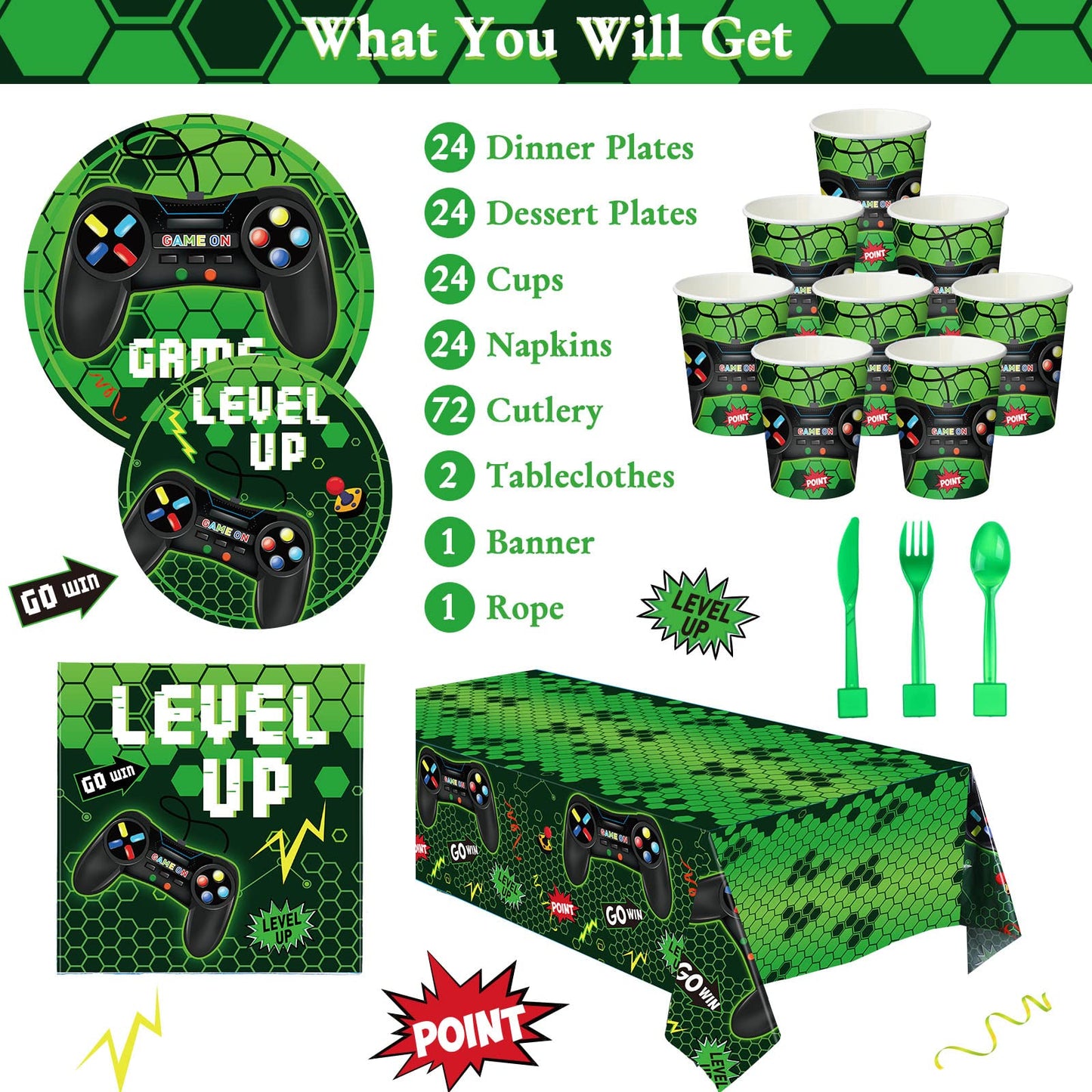 172 Pieces Video Game Party Decoration Set Game Happy Birthday Banner Gamer Party Supplies Plastic Tablecloth Paper Plates Table