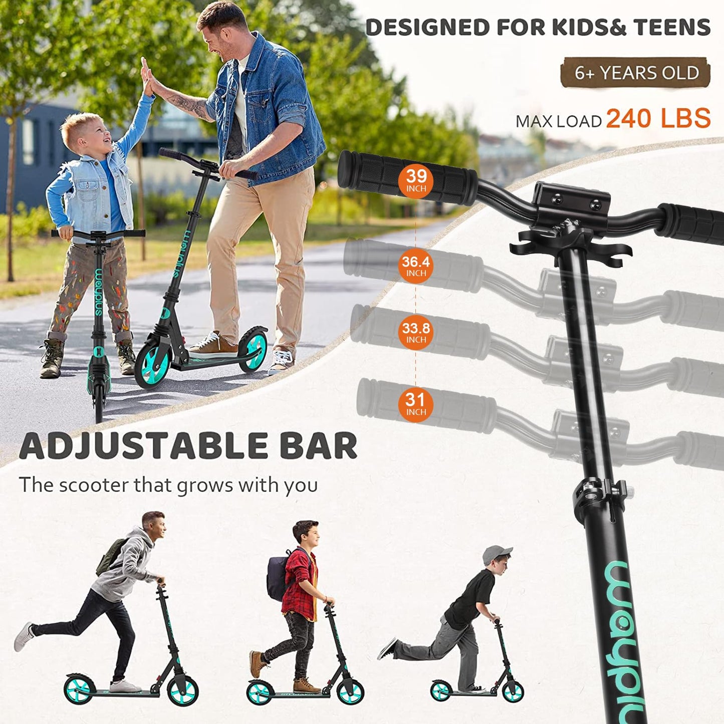 WAYPLUS Aquas Kick Scooter - Foldable, Lightweight, 8-Inch Non-Slip Deck, ABEC9 Bearings, Adjustable Height