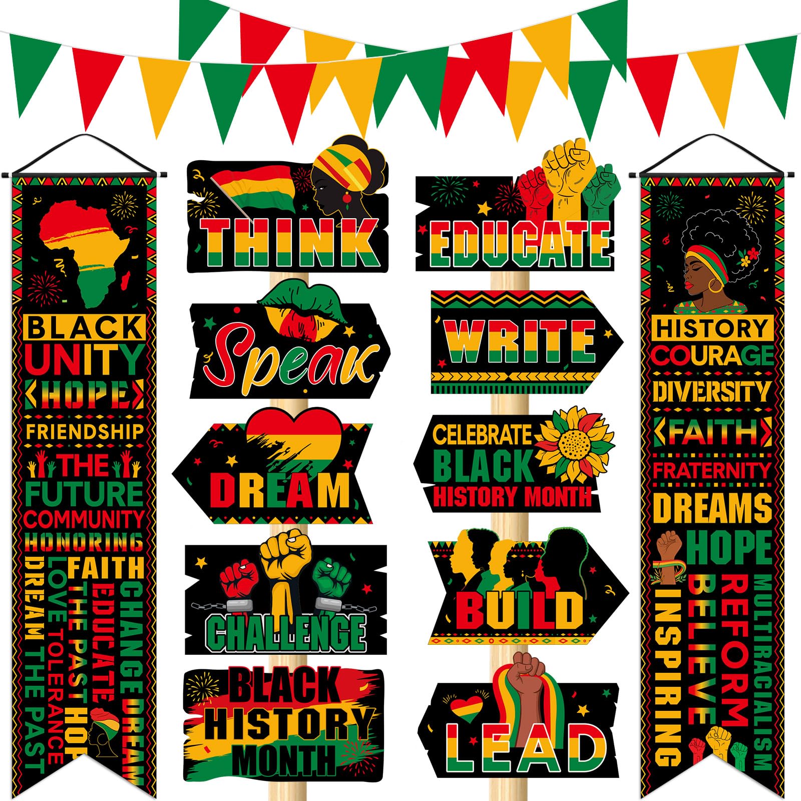 Pasimy 14 Pcs Black History Month Decorations Black History Month Hanging Banner Triangle Flag Porch Sign Yard Signs Decoration 