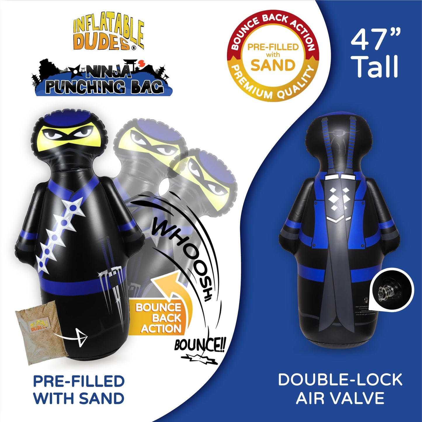 Inflatable Dudes Ninja 47 Inches -Kids Punching Bag | Already Filled With Sand| Bop Bag | Premium Inflatable Toy | Party Games - Indoor Outdoor- | Bounce-Back Action | Punching Bag For Kids- (Nobi)