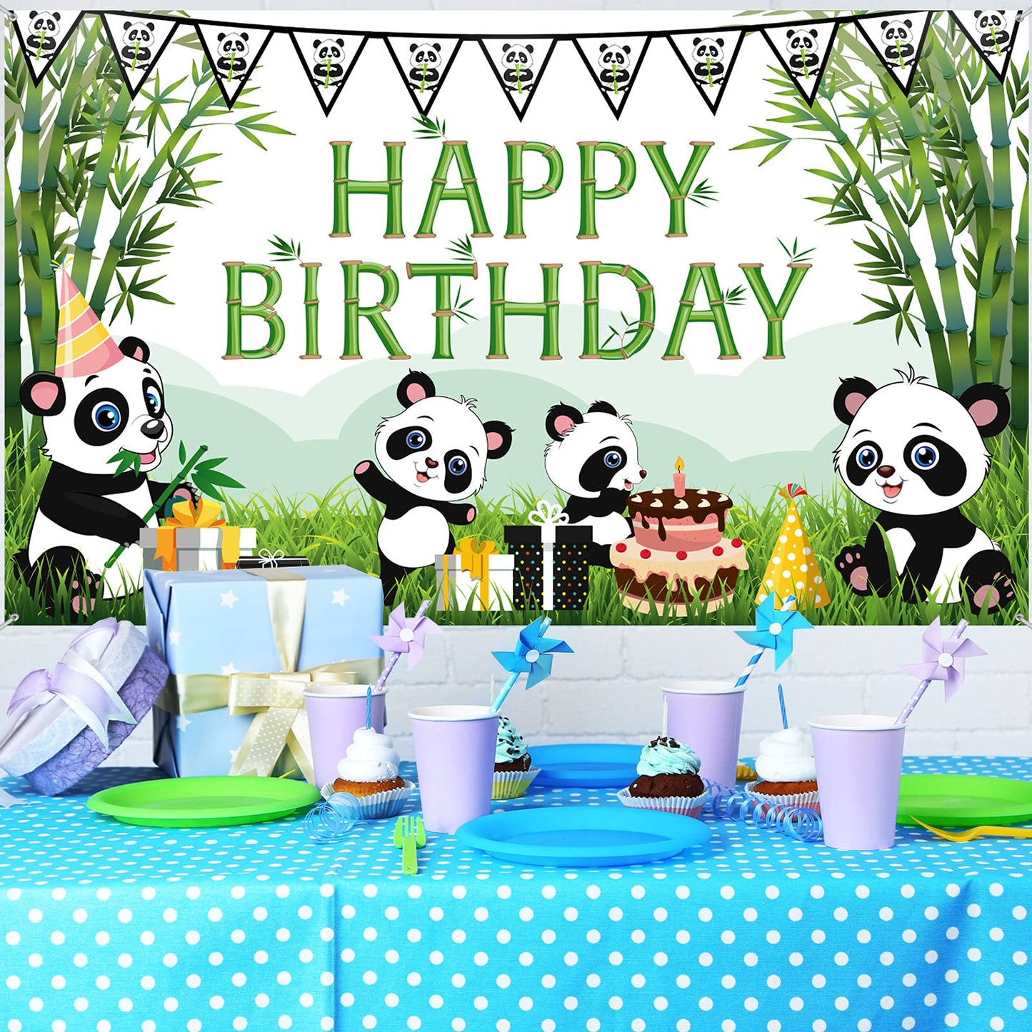 Cartoon Panda Birthday Decorations Panda Backdrop For Party Supplies Animal Themed Banner Green Bamboo Background Baby Shower Photo Background Kids Children Newborn Birthday Party Table Decor