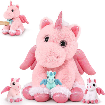 Morismos Pink Unicorn Stuffed Animal With Babies-18'' Mommy Unicorn And 3 Baby Stuffed Unicorn Plush Toys Inside Zipper Tummy,Soft Unicorn Stuffed Animals For Girls Boys Christmas Birthday Valentines
