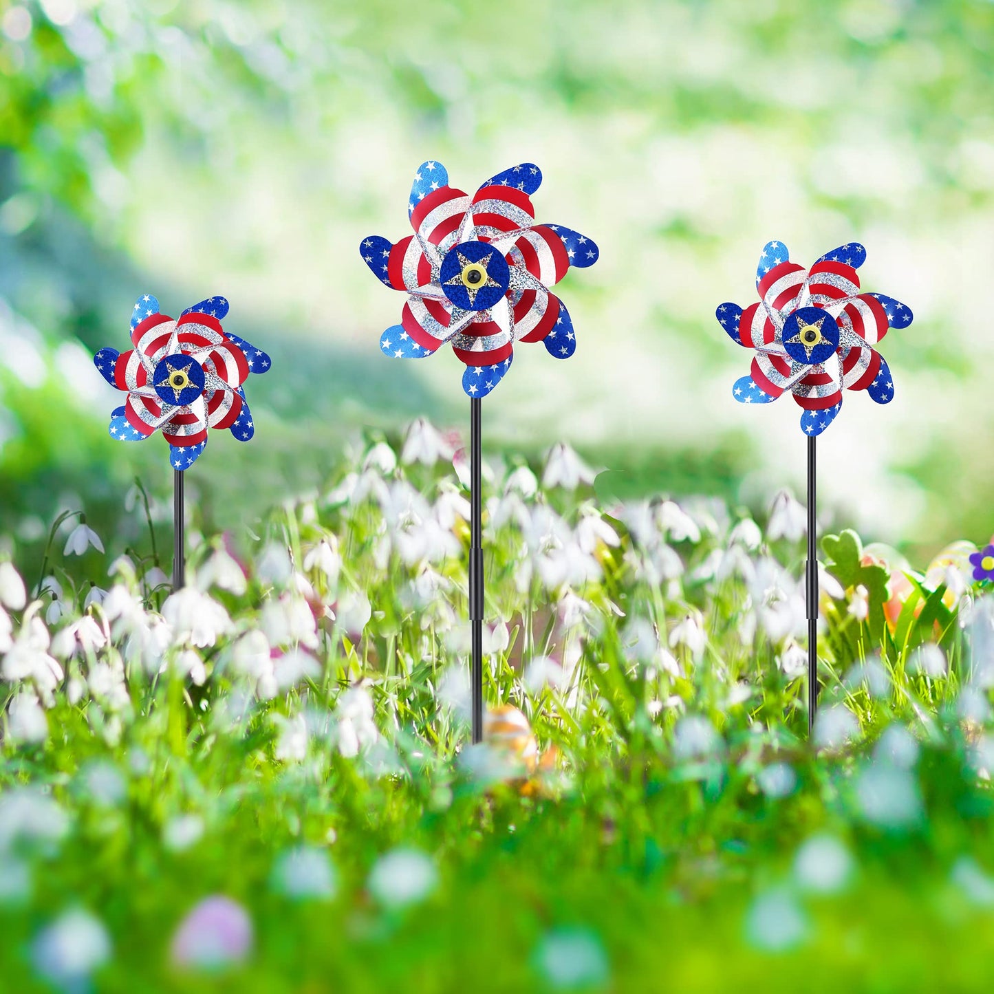 Battife 10 Packs Patriotic Sparkly Reflective Pinwheels For Yard And Garden, American Flags Blinding Birds Pin Wheel Scare Birds