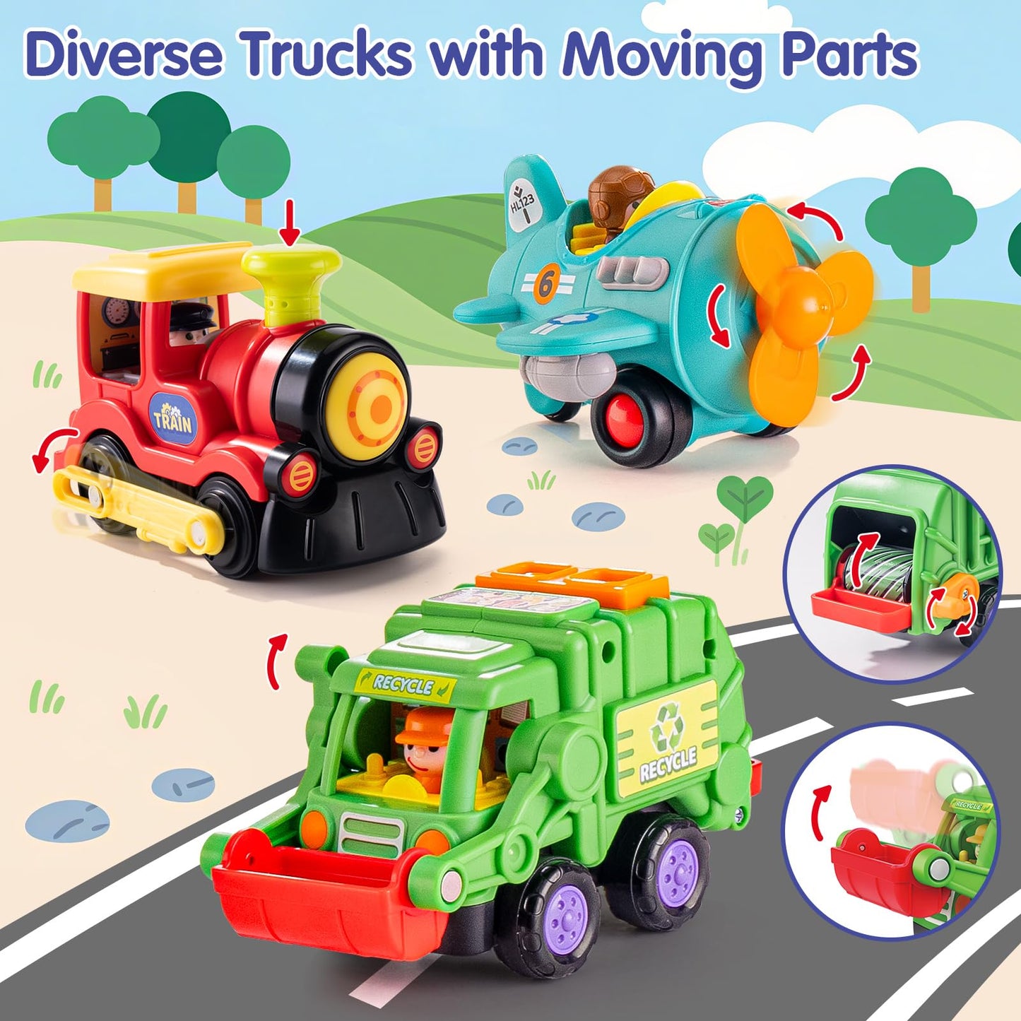 HOLA Toys for 1 2 3 Year Old Boy Birthday Gift - 3 PCS Friction-Powered Trucks & Propeller Plane Toy, Garbage Truck & Train Todd