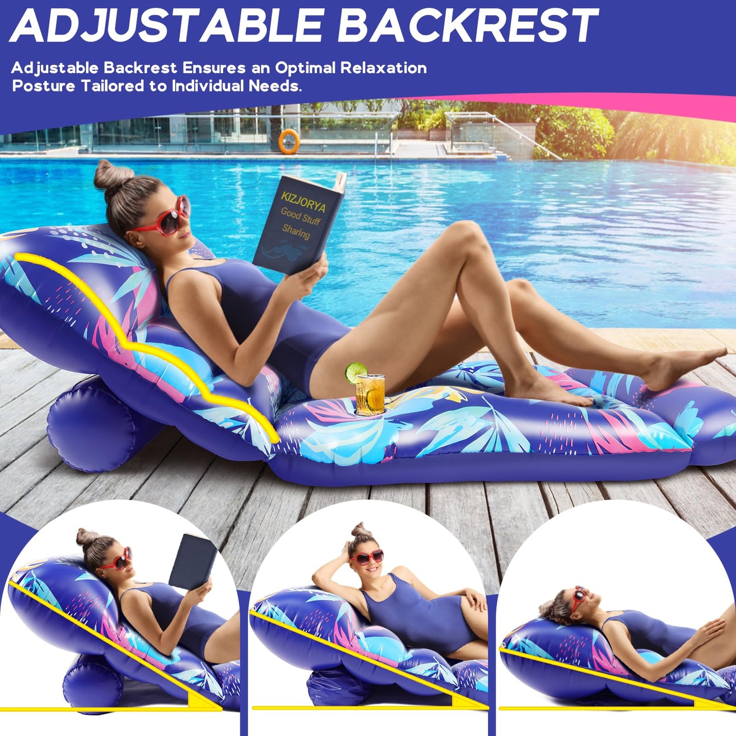 KIZJORYA 2025 New Pool Floats mature-themed  Inflatable Pool Lounge Floating Raft Chair with Adjustable Backrest Cup Holders for Swimming Pool Lake Beach Party  Tanning Floaties for mature-themeds Heavy Duty