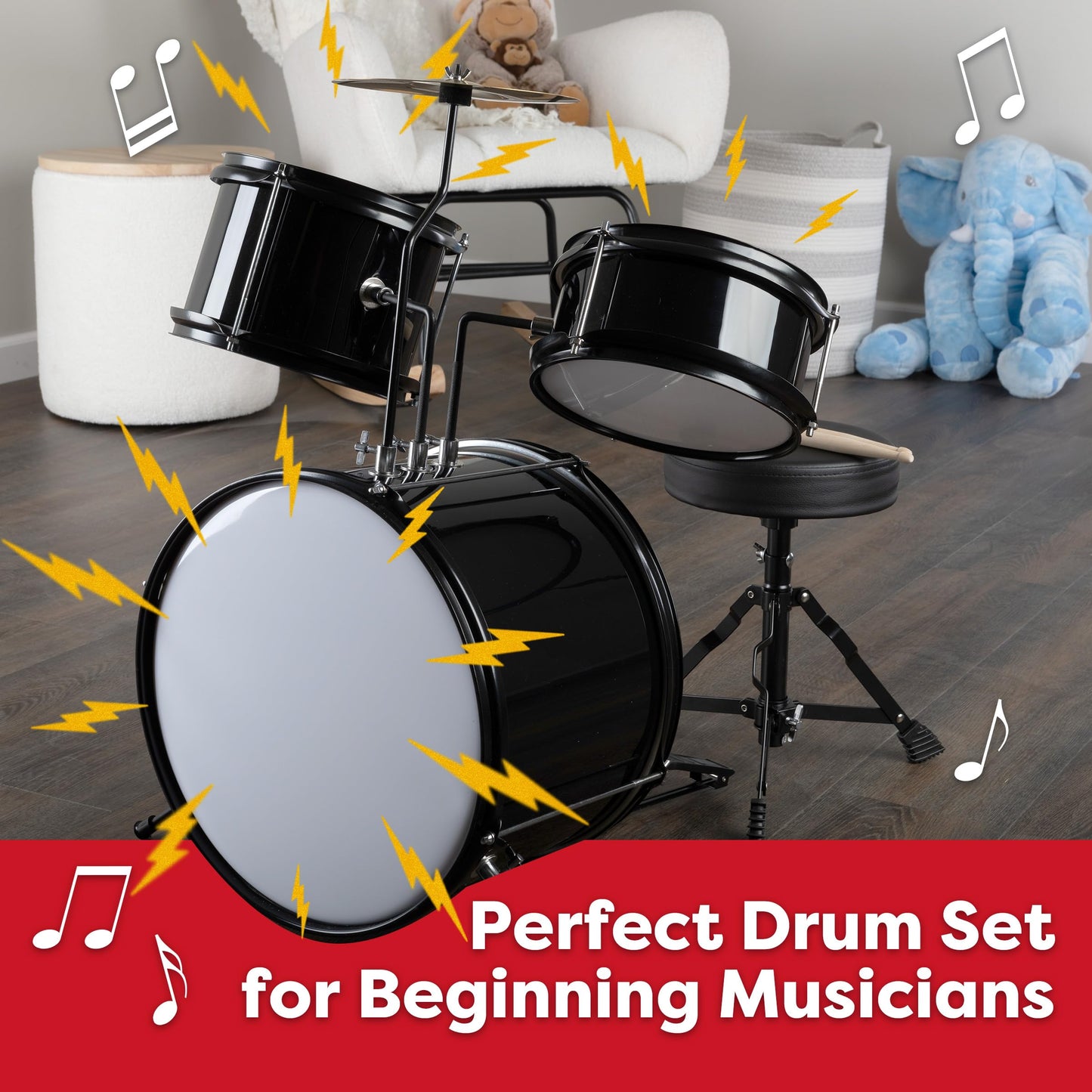Kids Drum Set - 3-Piece Drum Kit With Cymbal, 2 Toms, Bass Drum And Pedal, Drumsticks, And Throne - Beginner Musical Instruments