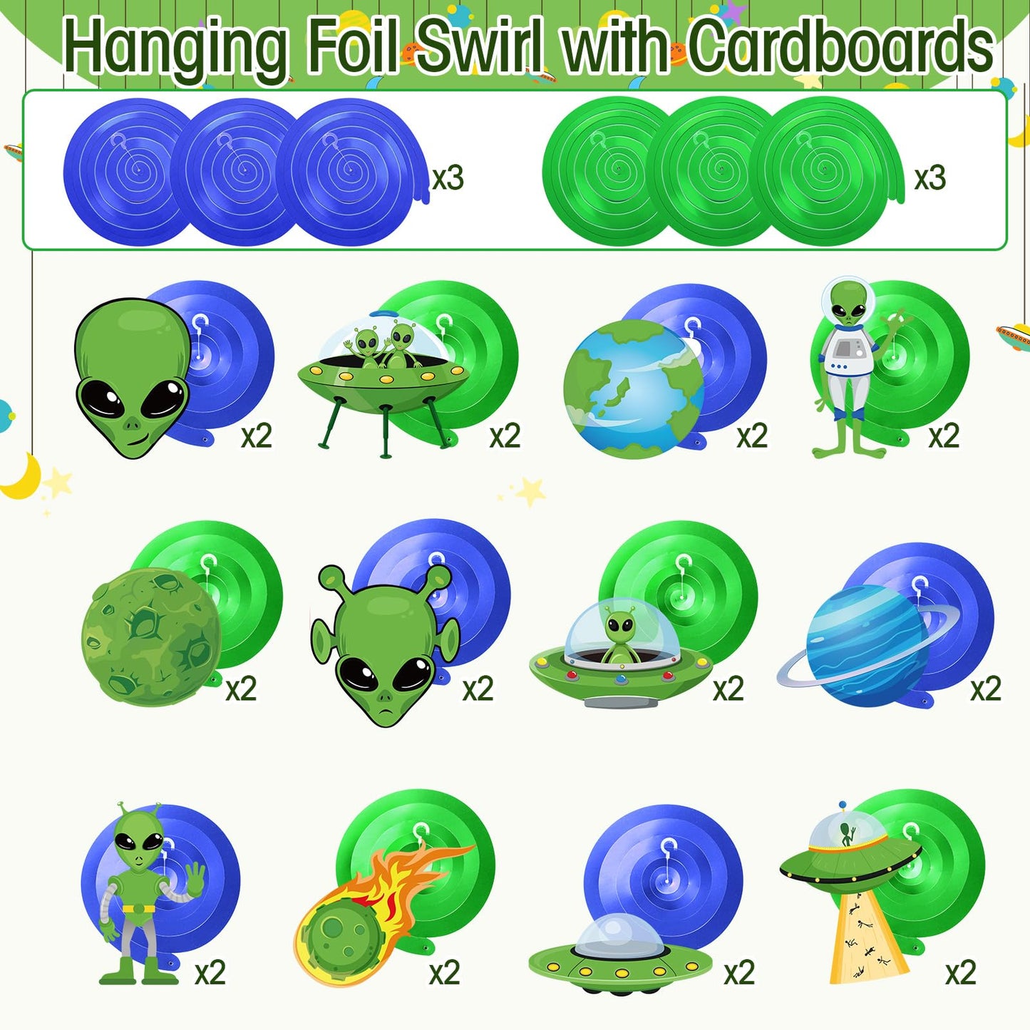 Capoda 54 Pcs Alien Decorations Hanging Swirls No DIY UFO Theme Party Ceiling Decorations Green Alien Outer Space Saucer Man Han