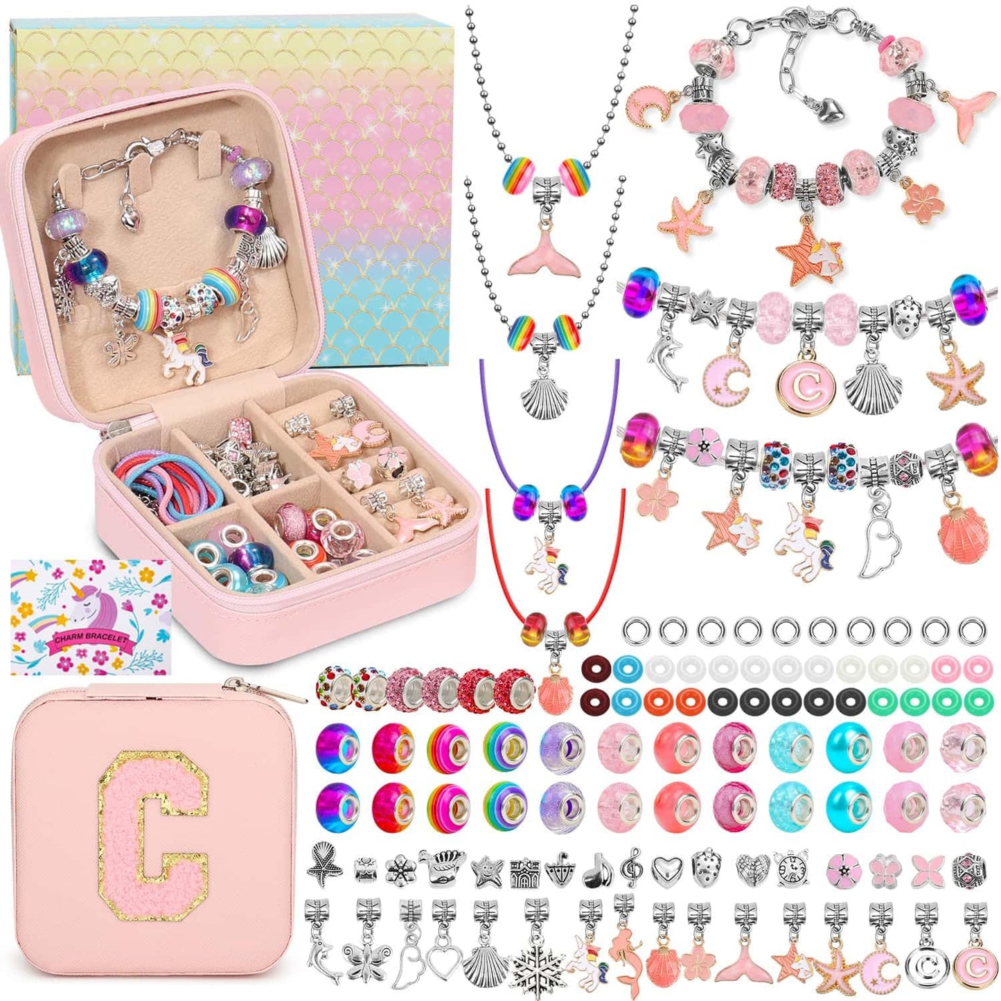 110 Charm Bracelet Making Kit, Jewelry Making Kit for Girls DIY Bead Necklace Kit with Initial Bracelet Box Unicorns Crafts Arts