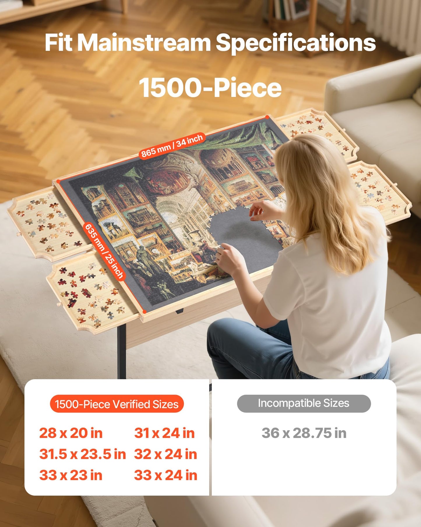 VEVOR 1500 Piece Puzzle Table with Legs, 4 Drawers and Cover, 34x25 in Portable Wooden Board with Wheels, Jigsaw Puzzle Accessor