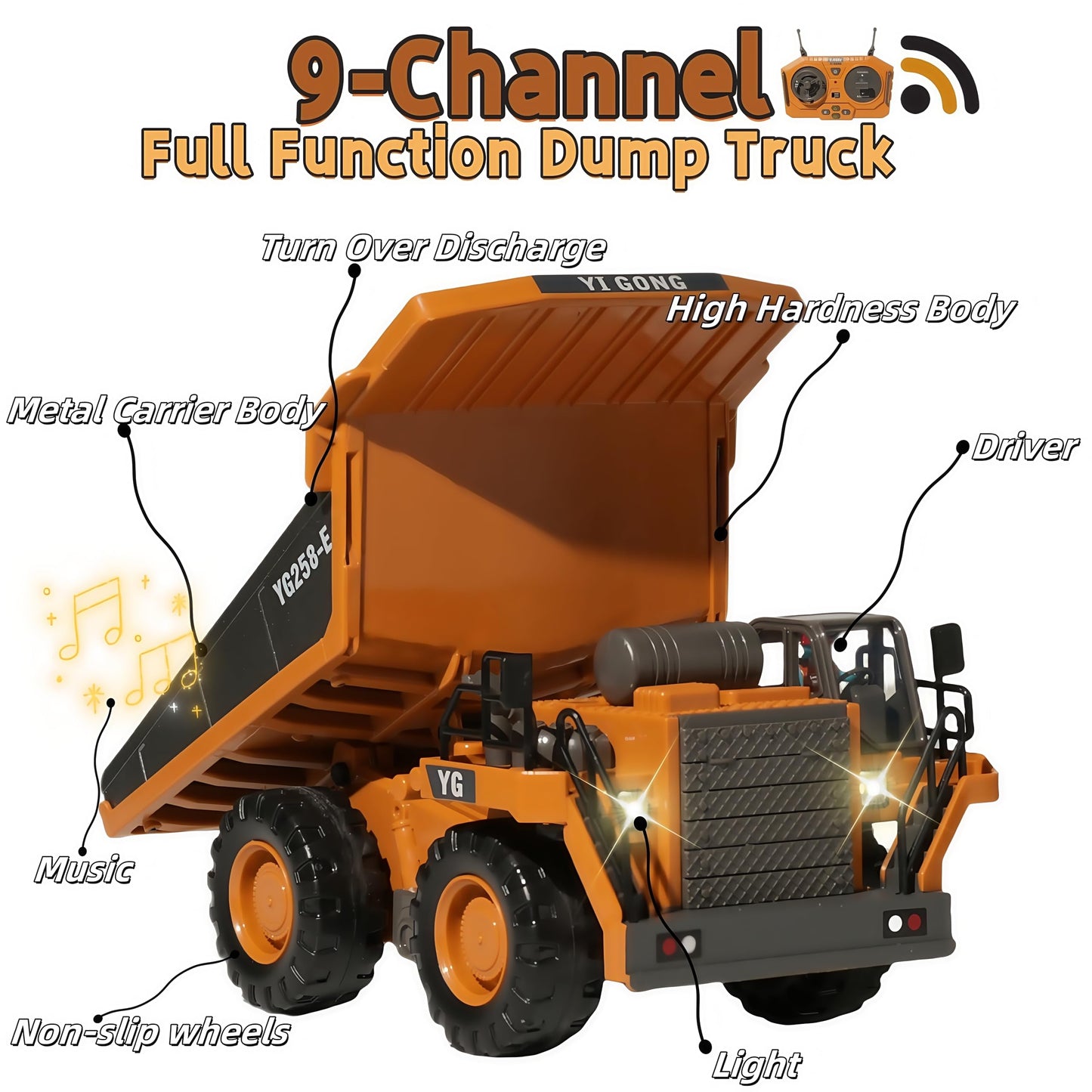 Organaturequeen 9-Channel Metal Rc Dump Truck With Lights And Sound, Remote Control Construction Vehicles Toys For Adults Kids B
