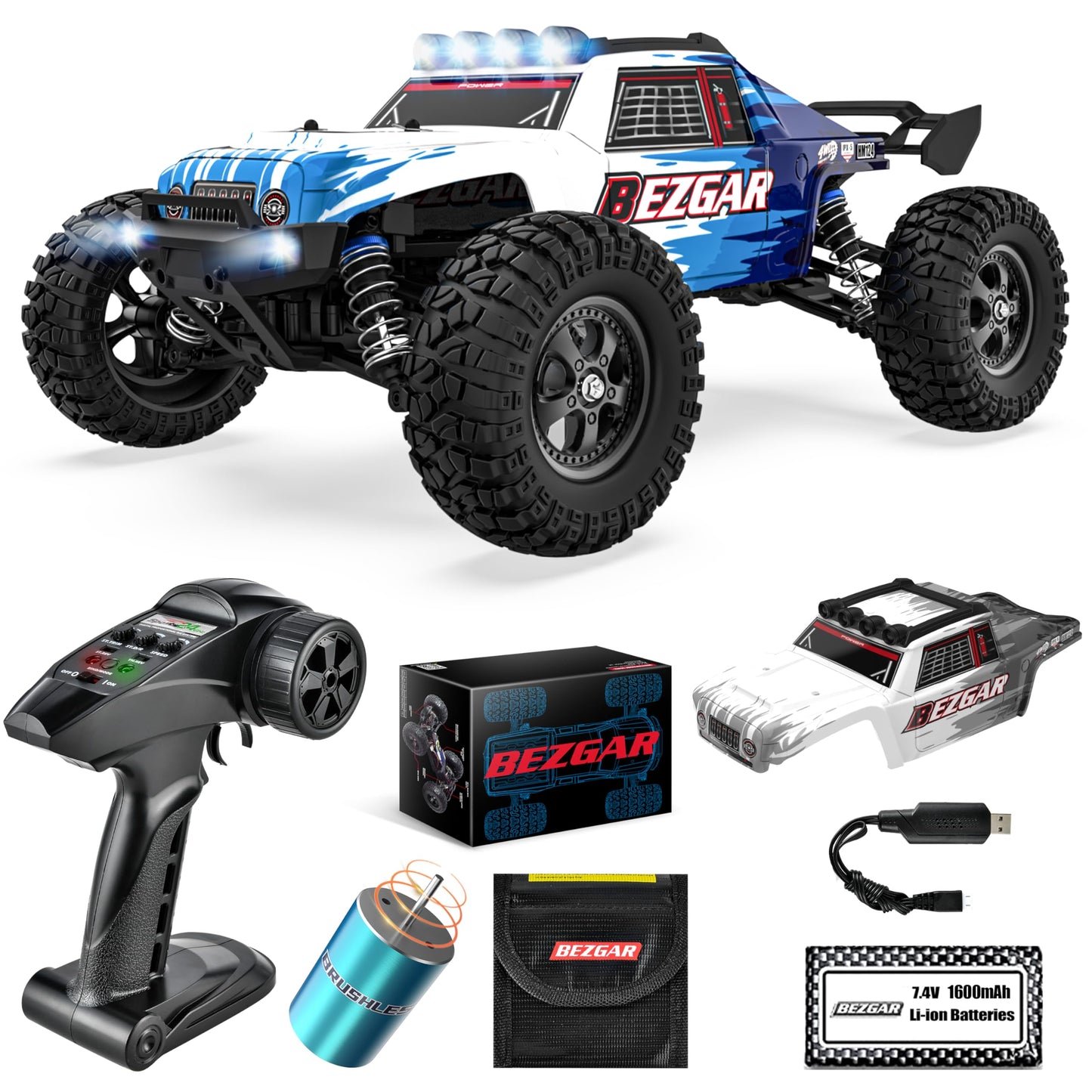 BEZGAR HM124 Brushless RC Car - 1:12 Scale 52+KM/H High Speed RC Truck, 4x4 Offroad Waterproof for All Terrains, Hobby Grade Rem