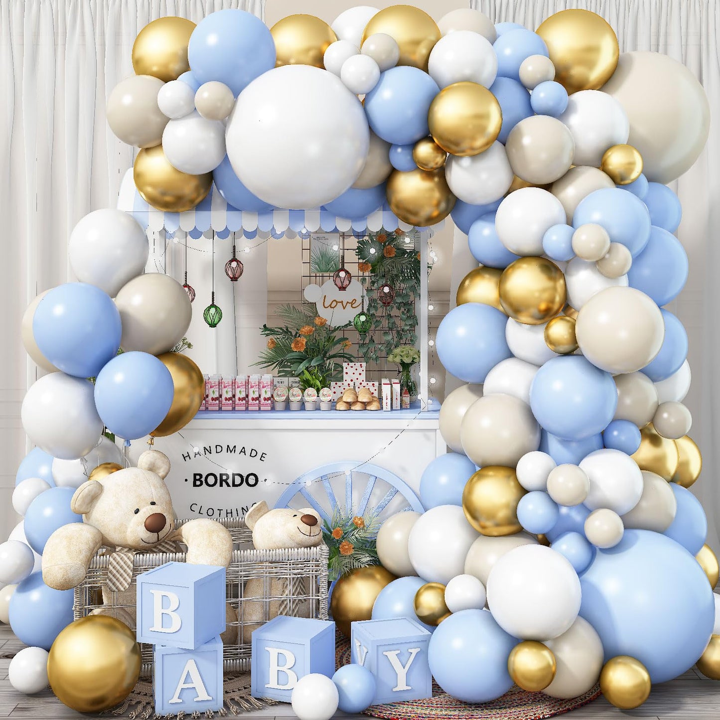 125 Pcs Blue And White Balloon Arch Kit, Light Baby Blue Balloon Garland Kit With Metallic Gold Balloons Nude White Latex Matte