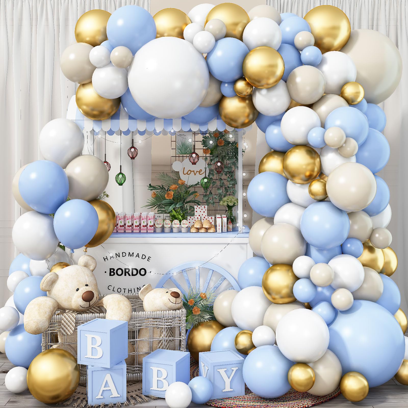 125 Pcs Blue And White Balloon Arch Kit, Light Baby Blue Balloon Garland Kit With Metallic Gold Balloons Nude White Latex Matte