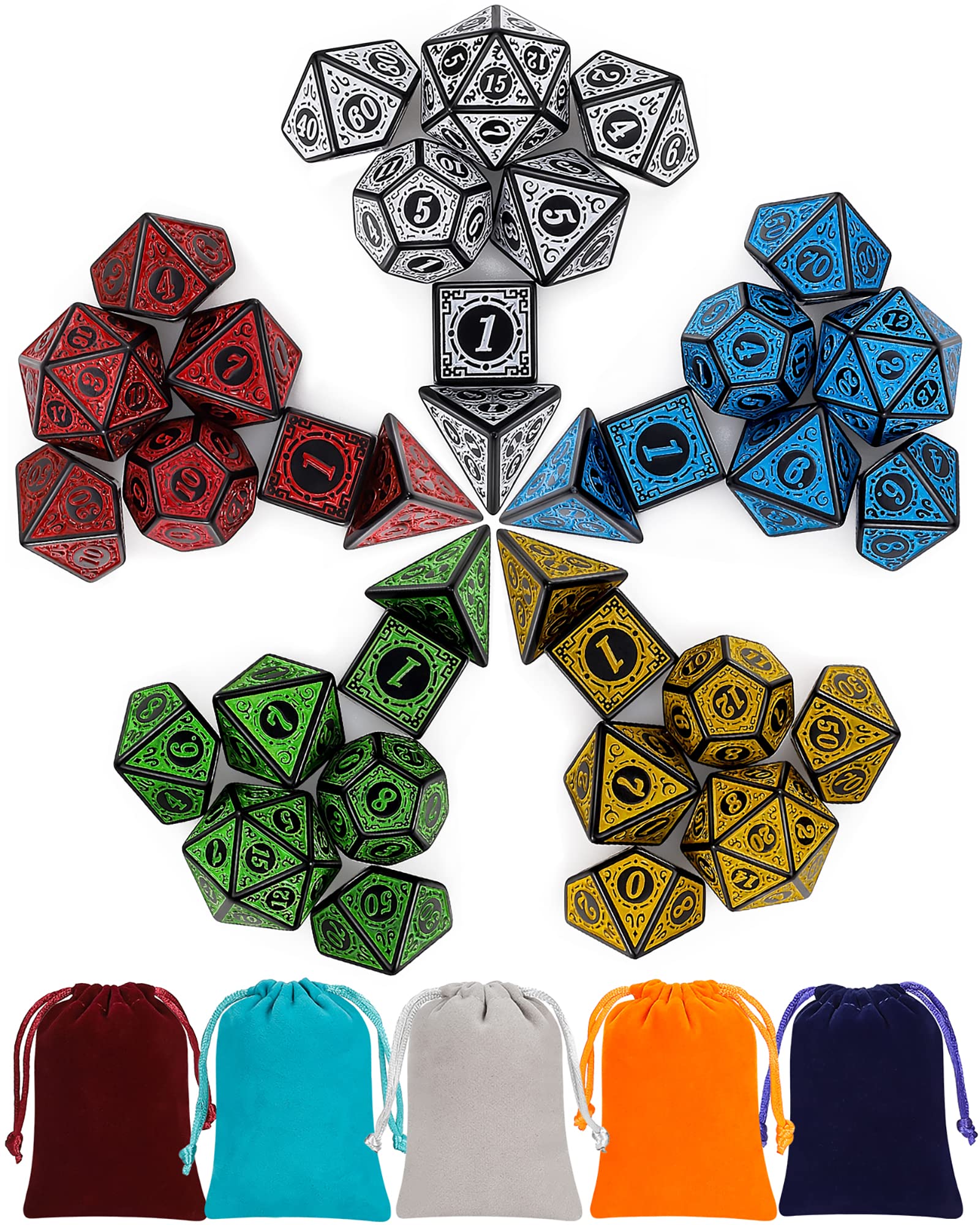 CiaraQ Polyhedral Dice with 5 Pouches, 5 Sets of Retro Dice for MTG DN ...