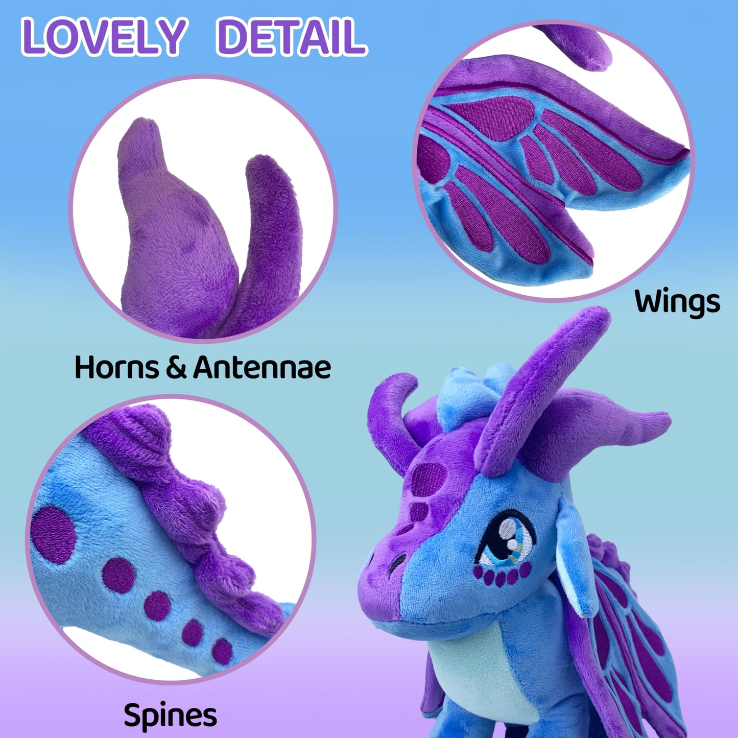 Wings Dragon Plush Stuffed Animal Plushies Toy Kawaii Dragon Decor Merch Present For Kids Boys Girls For Aged 3+ (Purple)