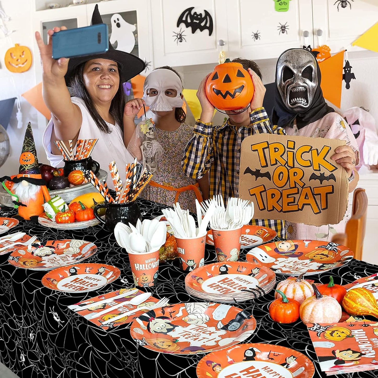 ATFUNSHOP Halloween Tablecloth Plastic 4PACKS 54 X 108 Rectangular Black Spider Web Disposable Table Cover Waterproof Spillproof