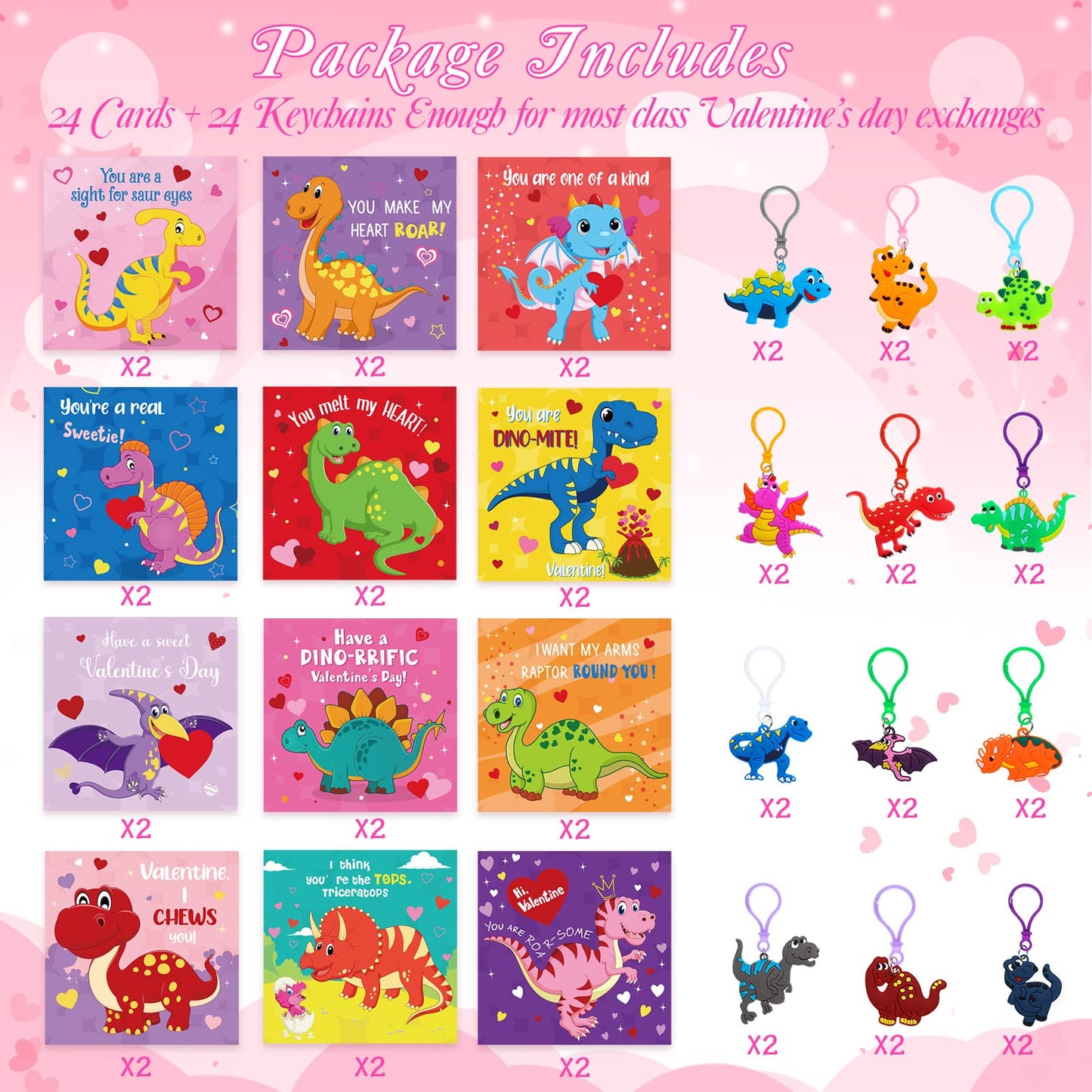 24 Pieces Valentines Day Gifts for Kids Cartoon Cards with Keychains, Valentines Greeting Cards for Classroom Exchange Cards an