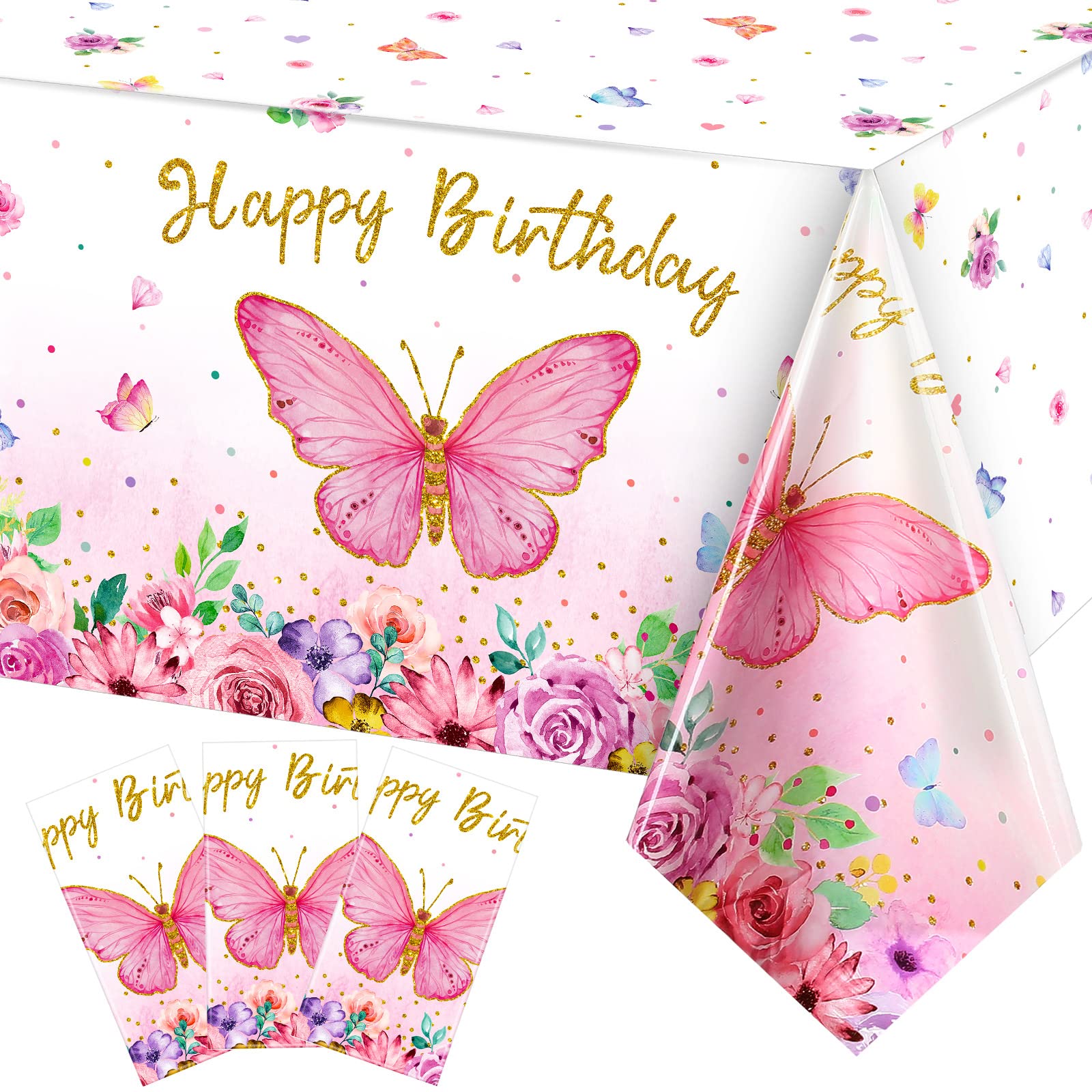 Butterfly Happy Birthday Tablecloth, Butterfly Party Decoration Rectangular Watercolor Butterfly Table Cover Spring Themed Plast