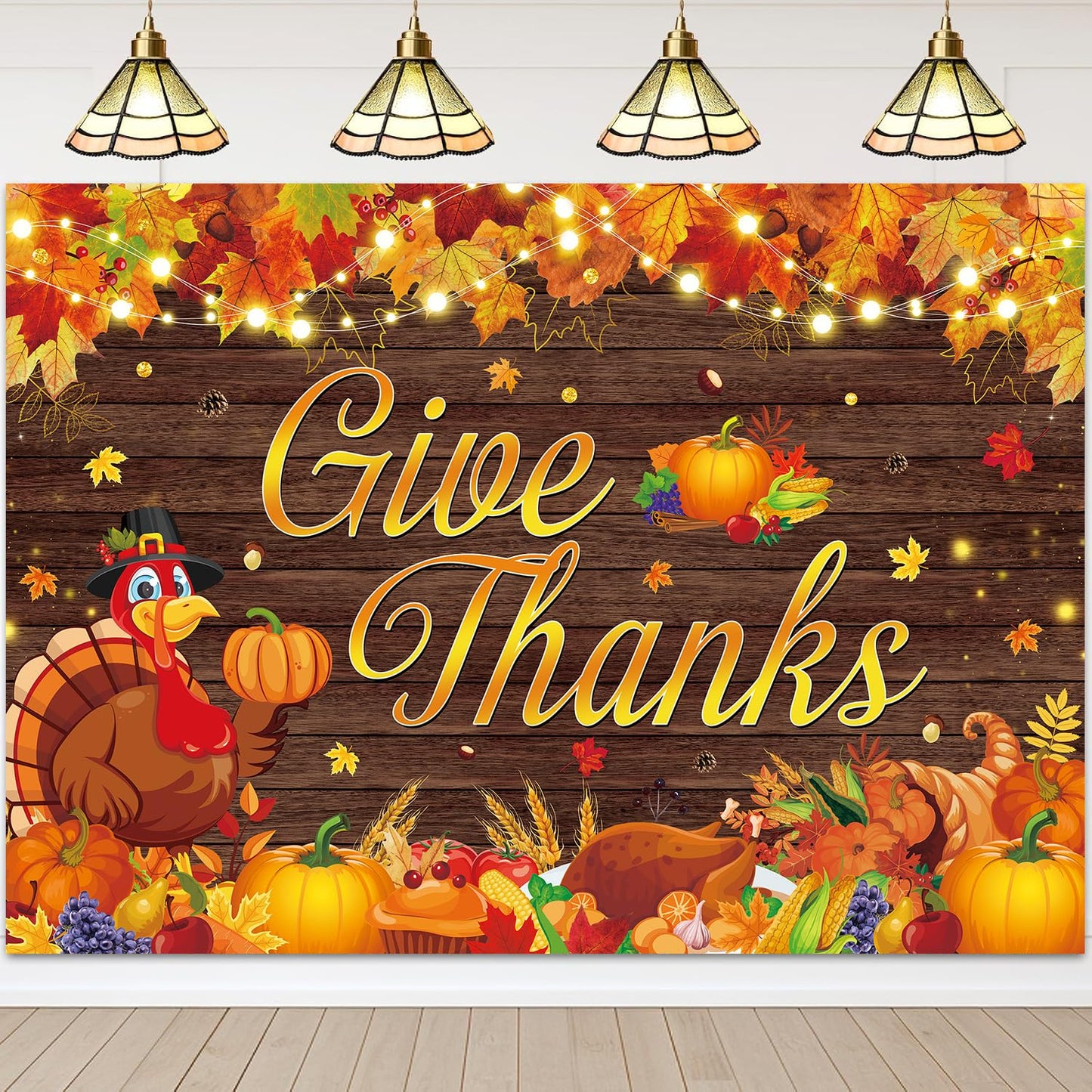 Happy Thanksgiving Backdrop 10x8FT Give Thanks Fall Harvest Photography Background Maple Leaves Turkey Pumpkin Themed Banner for