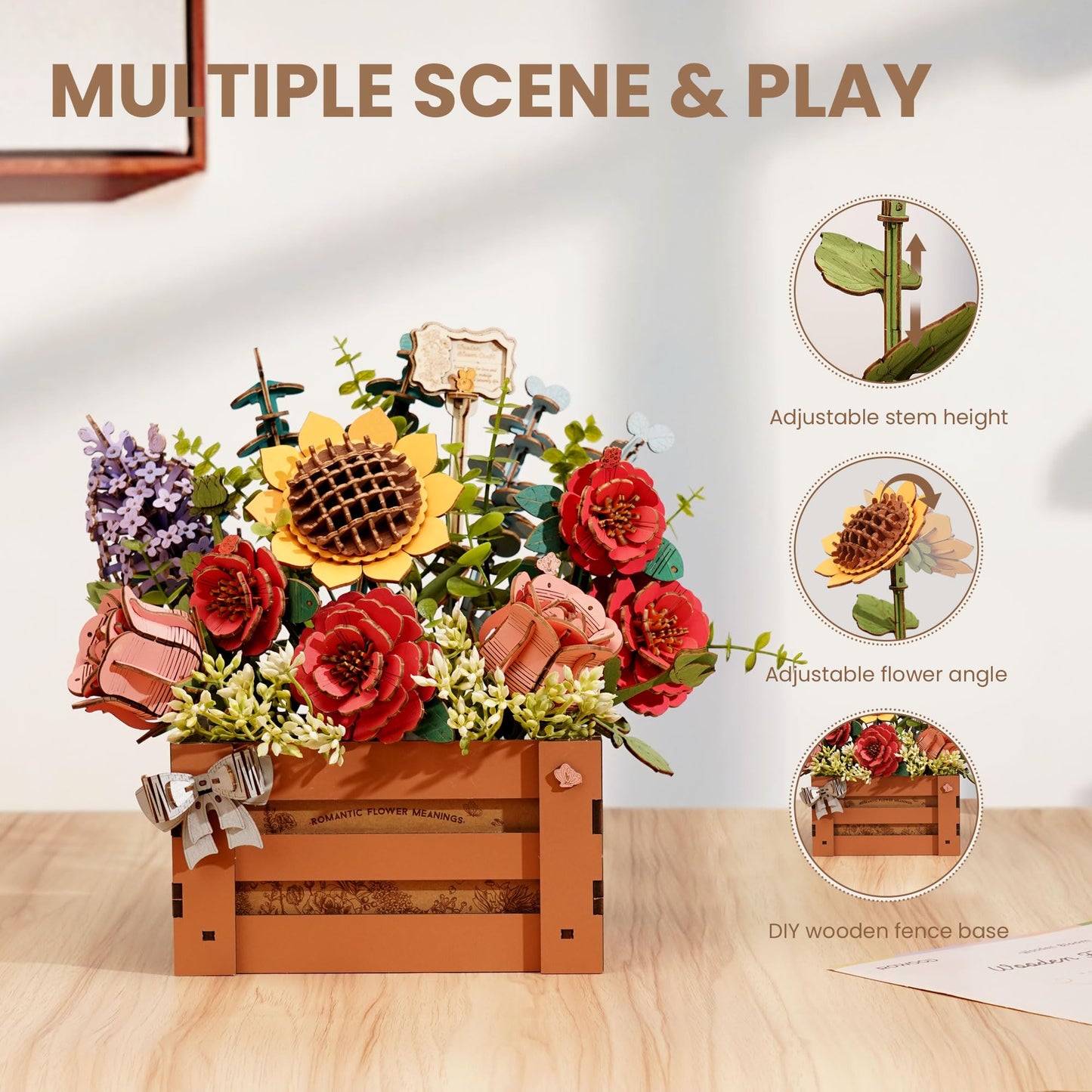 Robotime 3D Flowers Puzzle Wooden Bloom Box, Wood Craft Kits For Adults, Wooden Artificial Flower Decorations & Centerpieces For