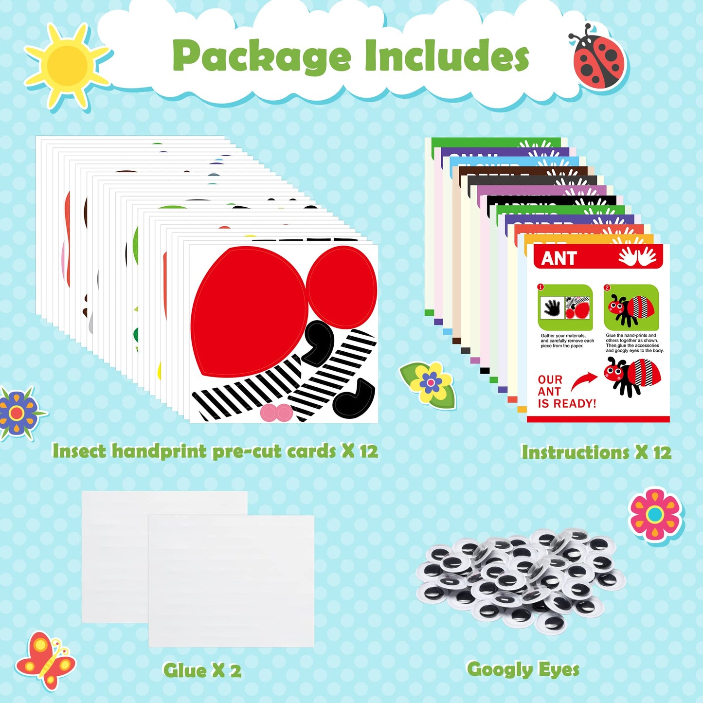 WATINC 12Pcs Spring Insect Handprint Art Craft Bug Crafts Butterfly Dragonfly Summer Springtime DIY Bug Kit Animal Themed Art Su