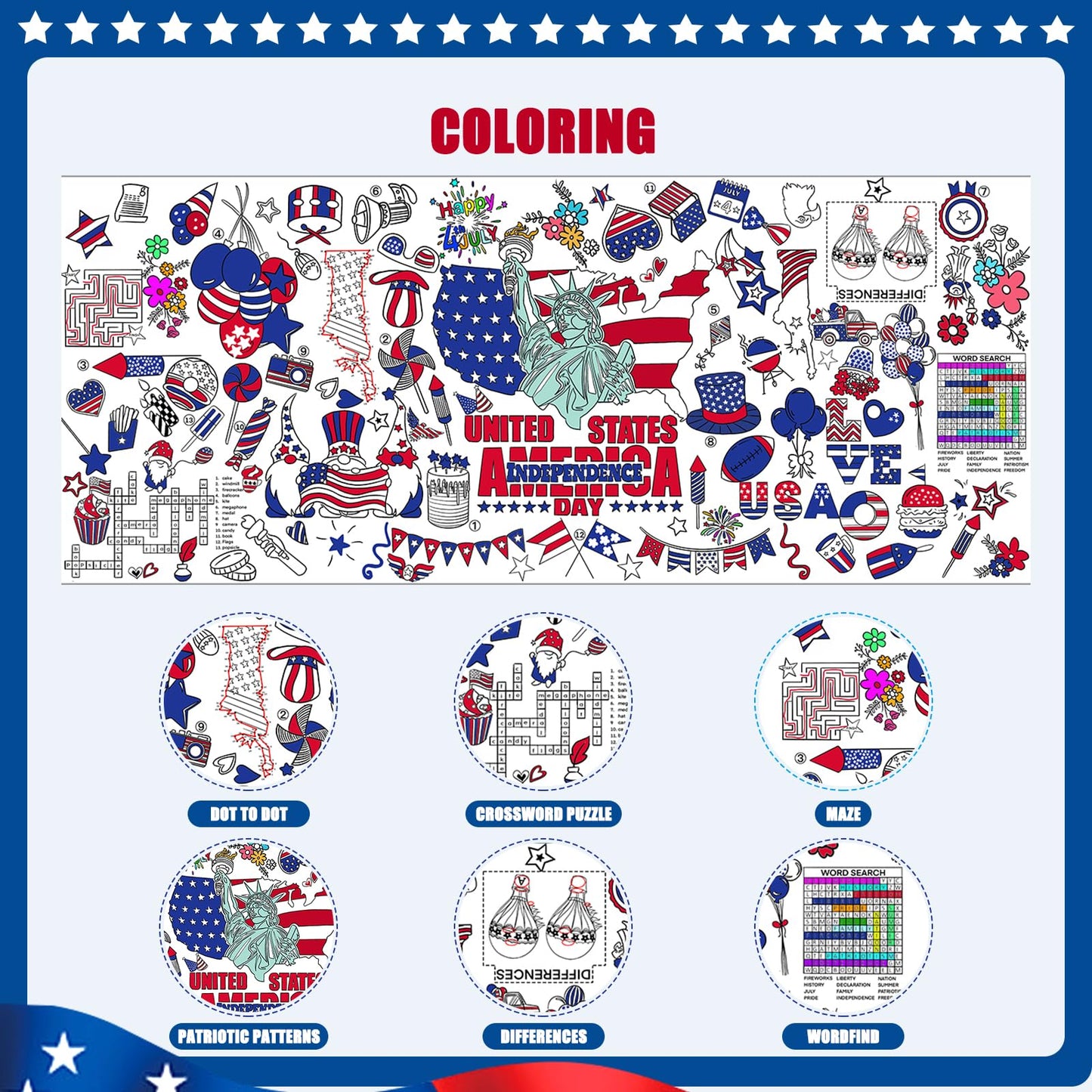 Padtic Independence Day Giant Coloring Poster,35X72Inch 4Th Of July Drawing Paper Coloring Tablecloth,Diy Statue Of Liberty Amer