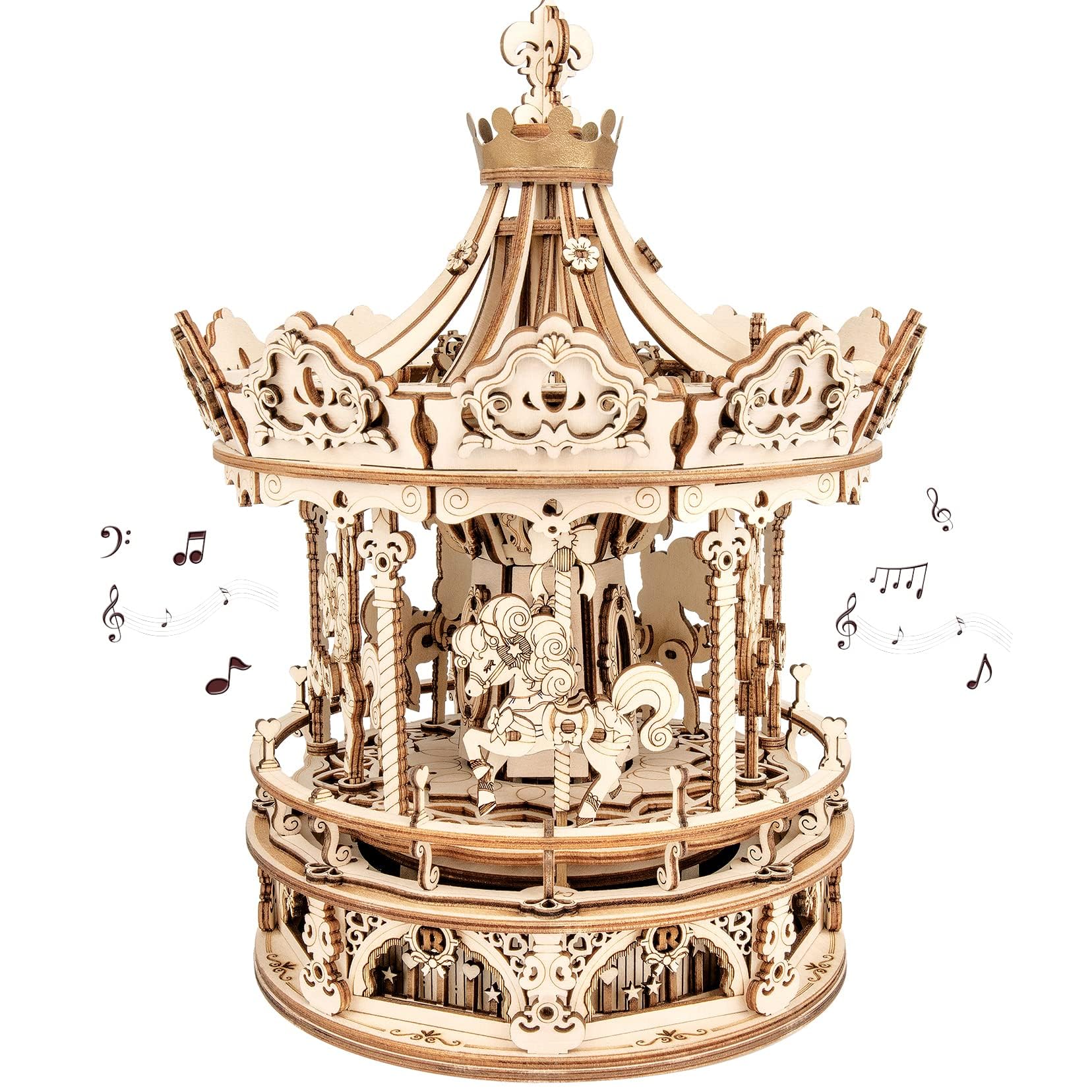 Rokr 3D Wooden Puzzles Music Box - Diy Model Building Kit Mechanical Merry-Go-Round Exquisite Display Gifts For Teens Man/Woman Family