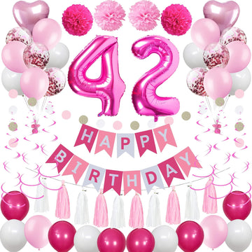 Sweet 42Nd Birthday Decorations For Women, Pink And White 42 Happy Birthday Balloons,42Nd Birthday Party Supplies Including Pink