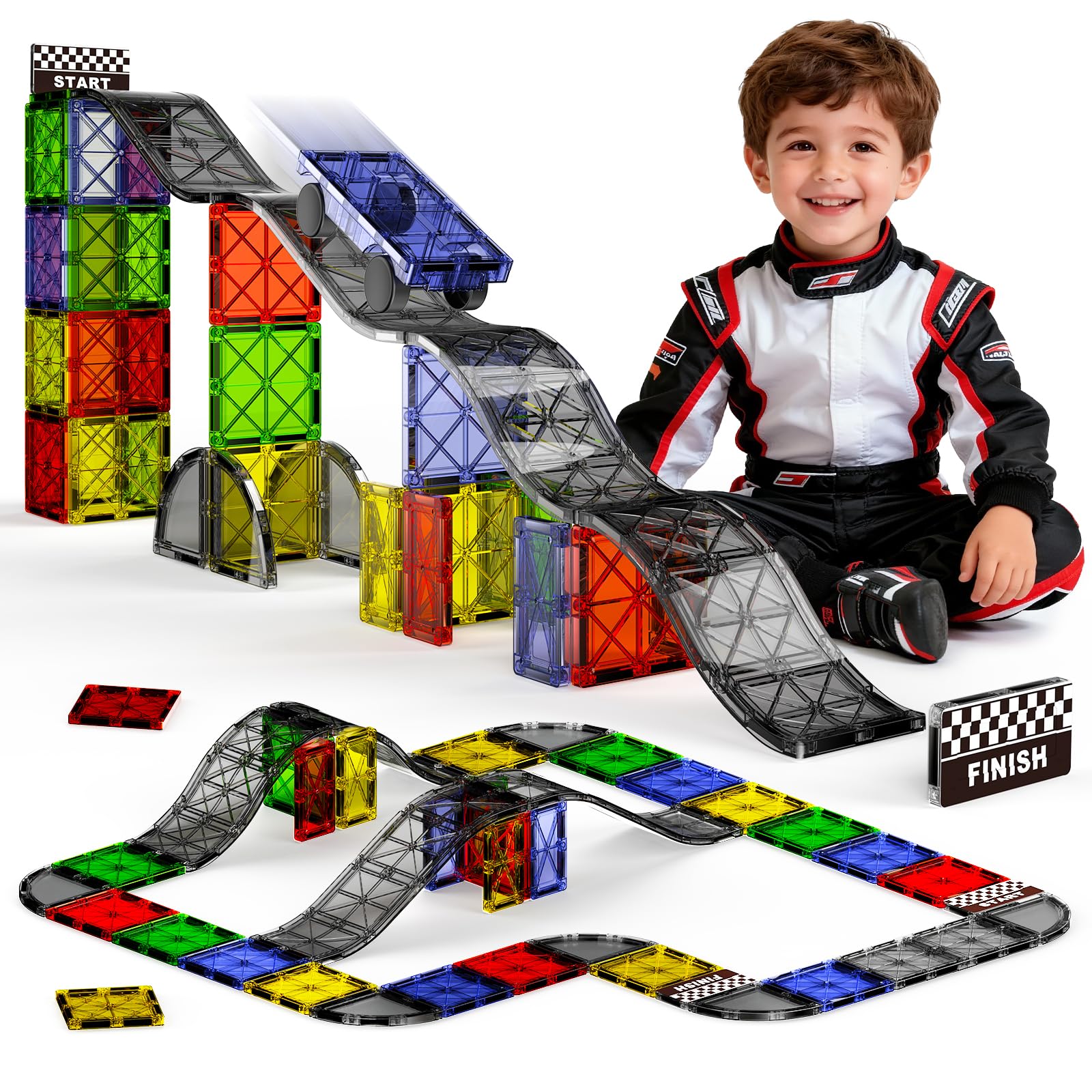 MEIQ Magnetic Downhill Racer Set 40-Piece with Car & Tracks, STEM Magnetic Tiles Building Toys for Kids Ages 3-8, Montessori Lea