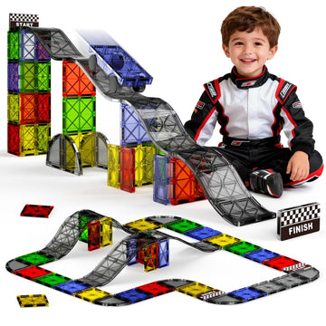 MEIQ Magnetic Downhill Racer Set 40-Piece with Car & Tracks, STEM Magnetic Tiles Building Toys for Kids Ages 3-8, Montessori Lea