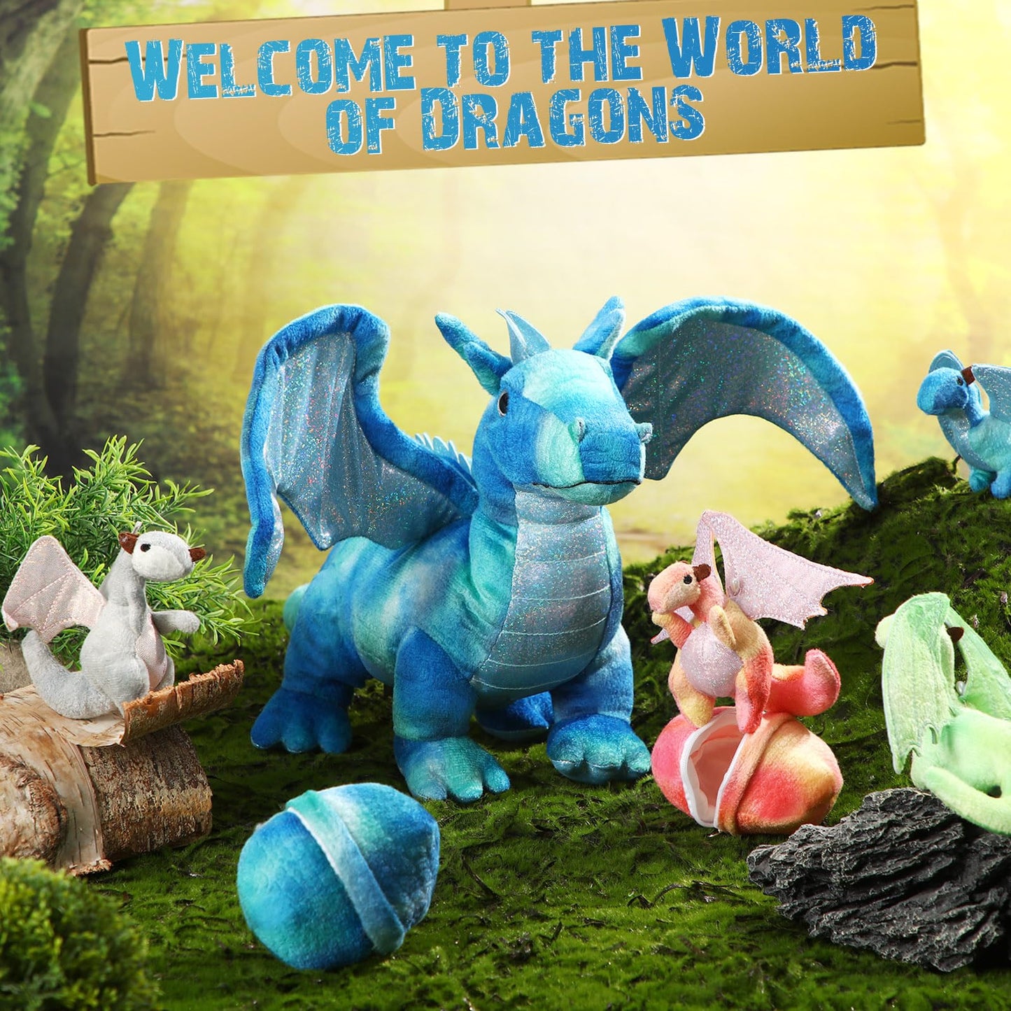 Deekin 7 Pcs Dragon Toy Set - 16 Inch Large Stuffed Animal with 4 Baby Plush & 2 Eggs - Perfect Birthday & Christmas Gift for Kids