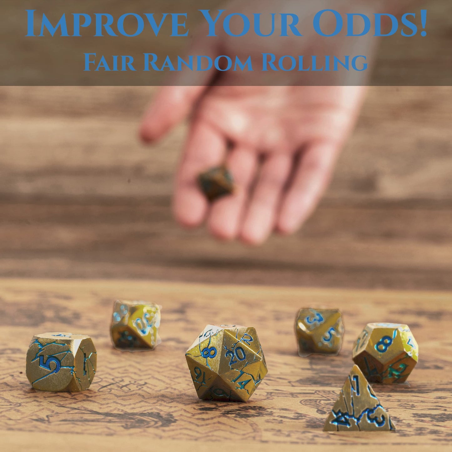 DND Metal Dice - Pharaoh Ruins Gold Metal Dice with Blue Cracks - Polyhedral Dice Set for RPG D&D MTG Pathfinder and More - Beau
