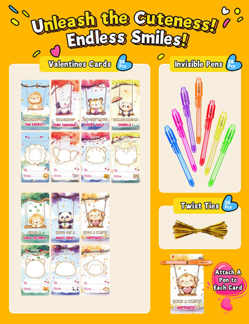 28 Pcs Valentines Day Cards for Kids School With Invisible Ink Pens, Valentines Day Gifts for Kids, Valentines Exchange Gifts fo