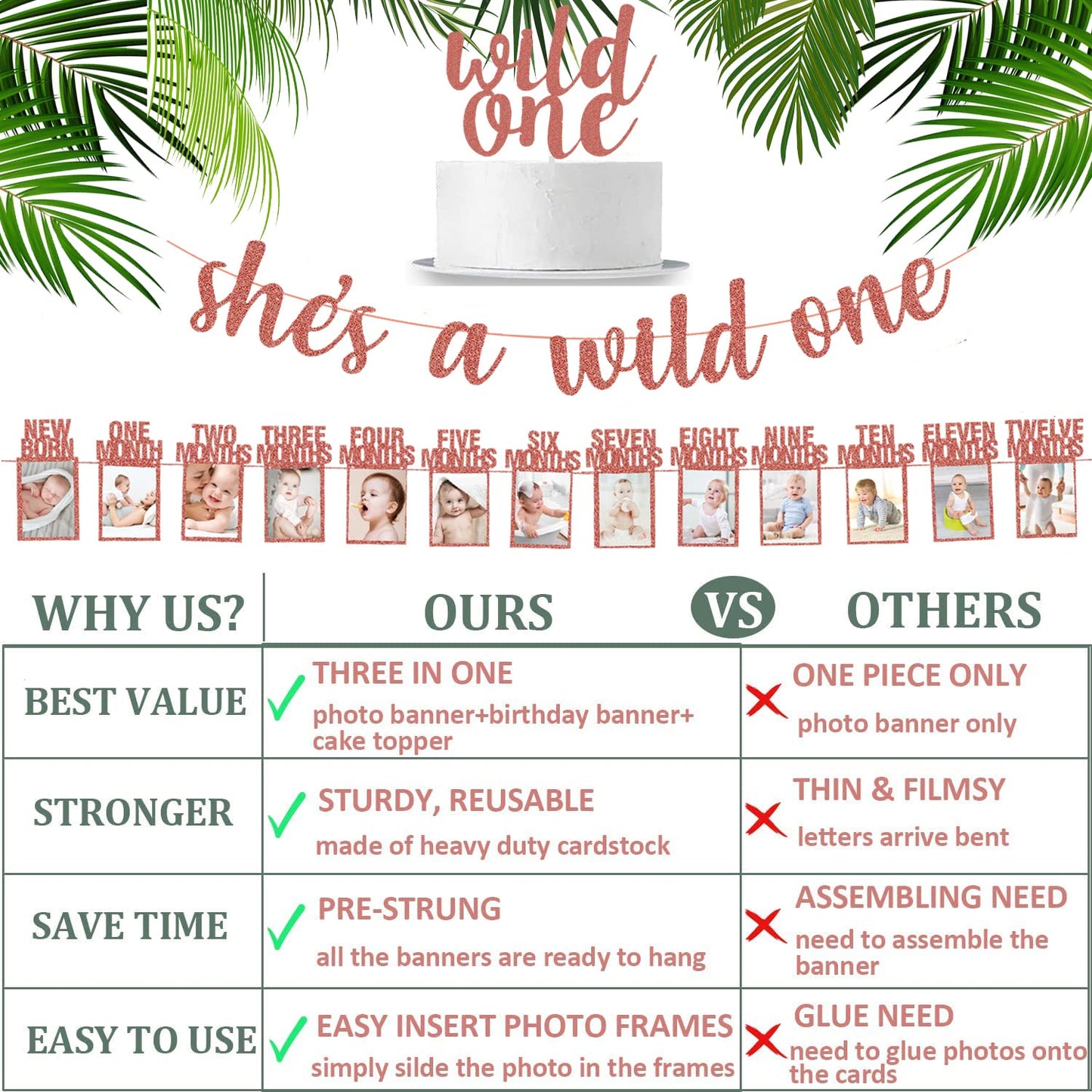 Wild One Birthday Decorations - Rose Gold Glitter She'S A Wild One Banner + Baby 1St Birthday Photo Banner From Newborn To 12 Mo