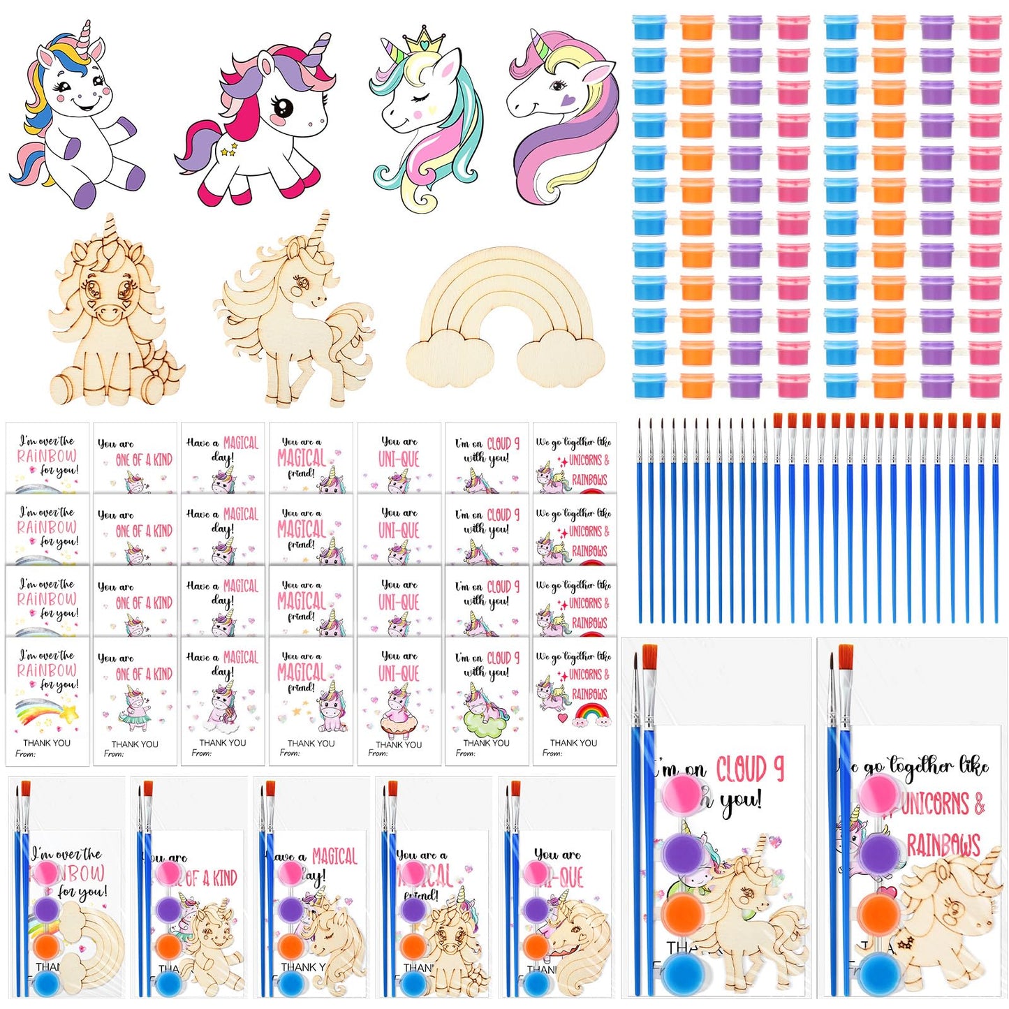 Leinuosen 28 Sets Unicorn Party Favors Wood Painting Craft Kits with Art Supplies and Inspirational Cards Thank You for Coming G