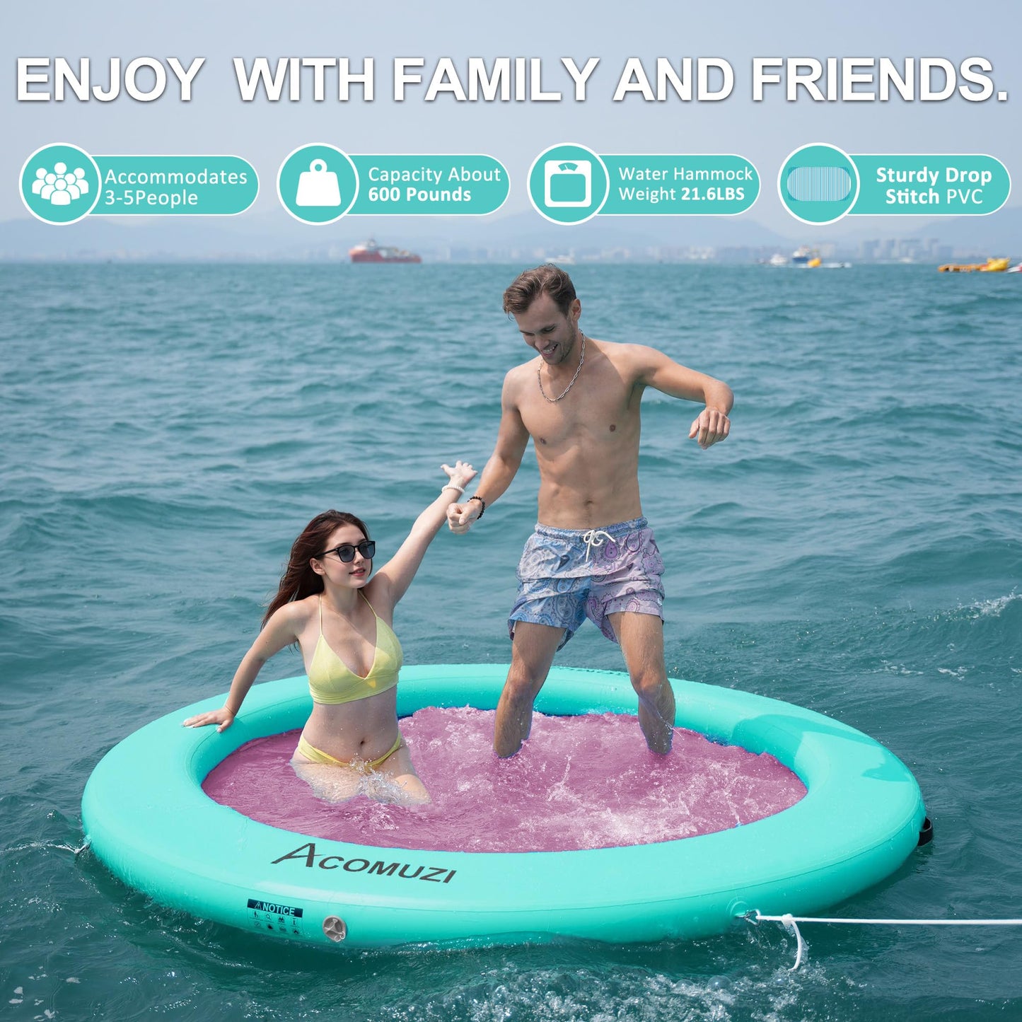 ACOMUZI 8FT Inflatable Water Hammock - Heavy Duty Pool Float Raft, Mint Green & Pink, Ideal for Ocean and Lake Use