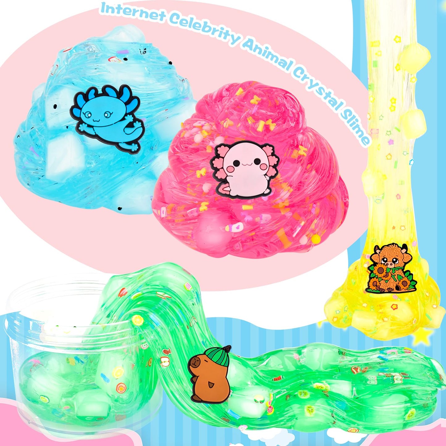 Wujyly 24 Pack Slime Kit - Soft & Non-Sticky Butter, Cloud & Crystal Slime - 12 Axolotl, 6 Highland Cow, 6 Capybara Charms - Diy